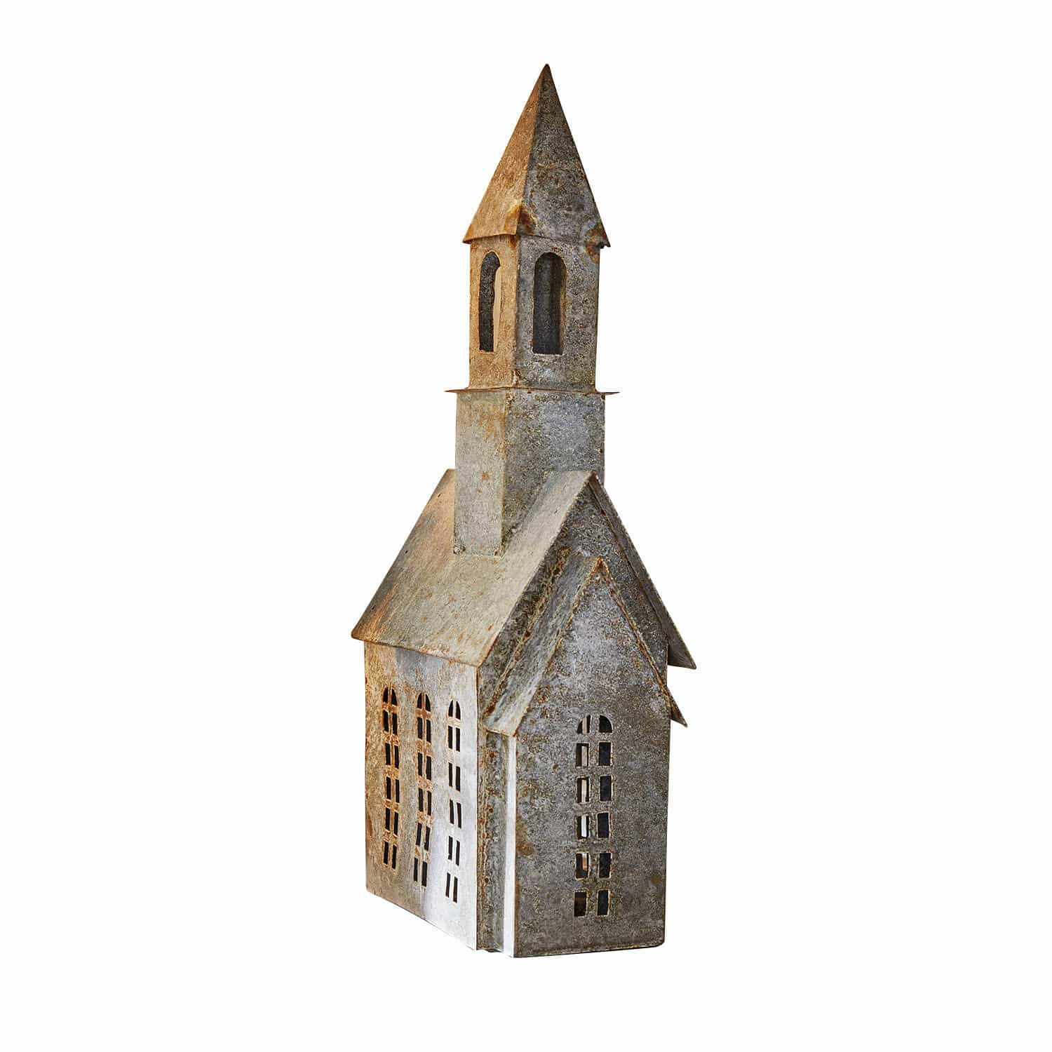 Decoración metálica en forma de iglesia gris con ventanas recortadas, adorno para interiores y jardines