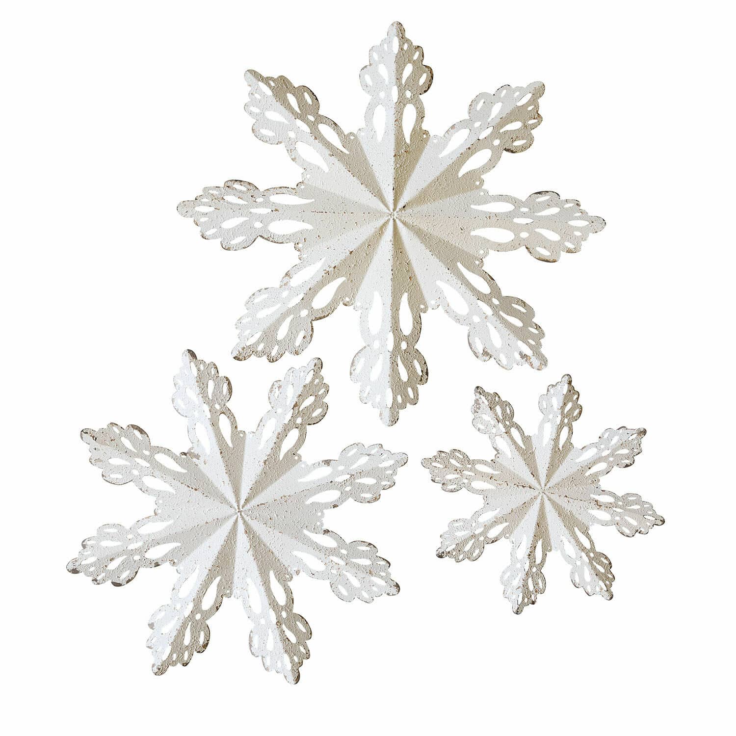 Set de 3 decoraciones de pared Lirvaya Conjunto de tres copos de nieve de metal blanco con diseño calado, decoración invernal