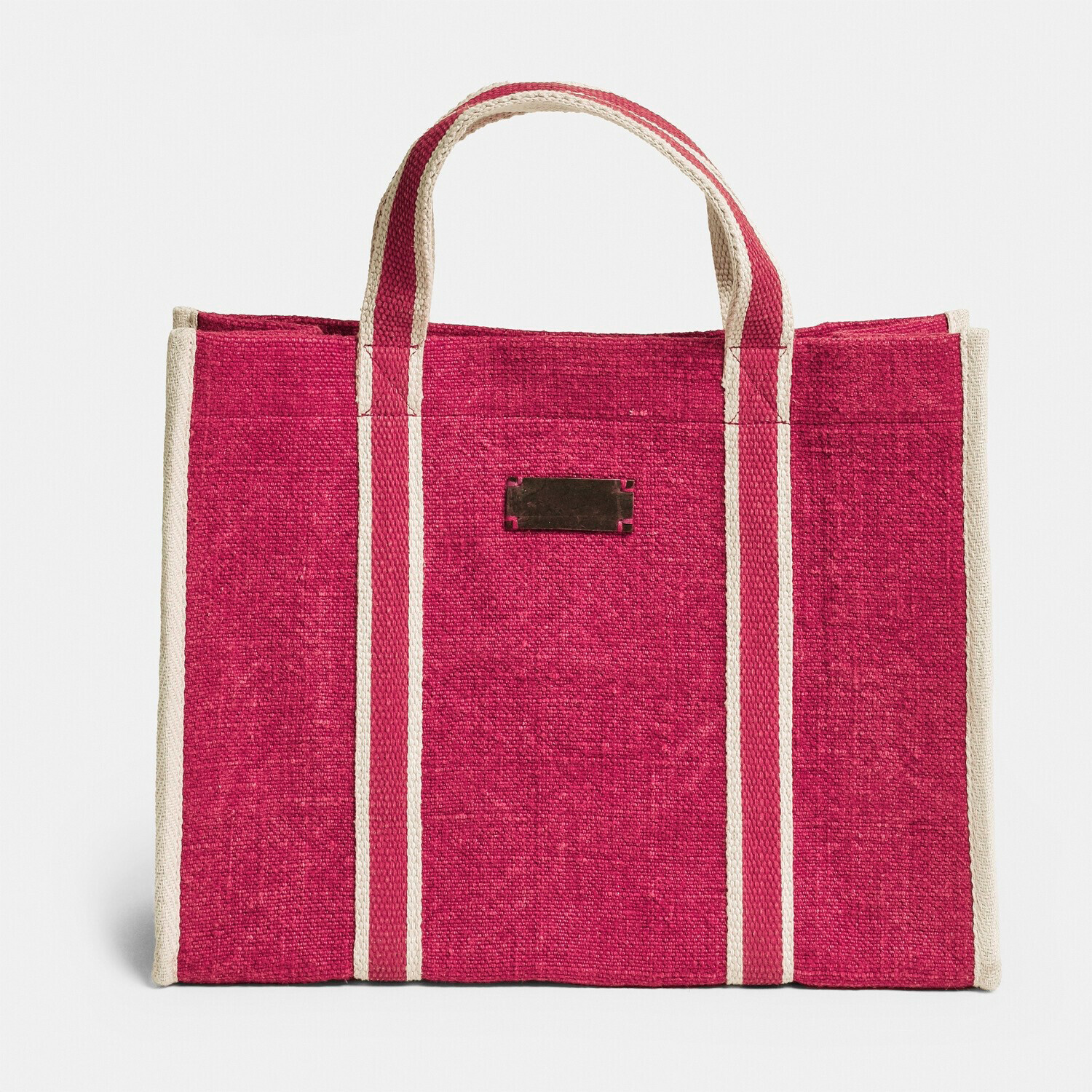 Bolsa roja de tela con asas y franjas beige, bolsa práctica para compras o uso diario