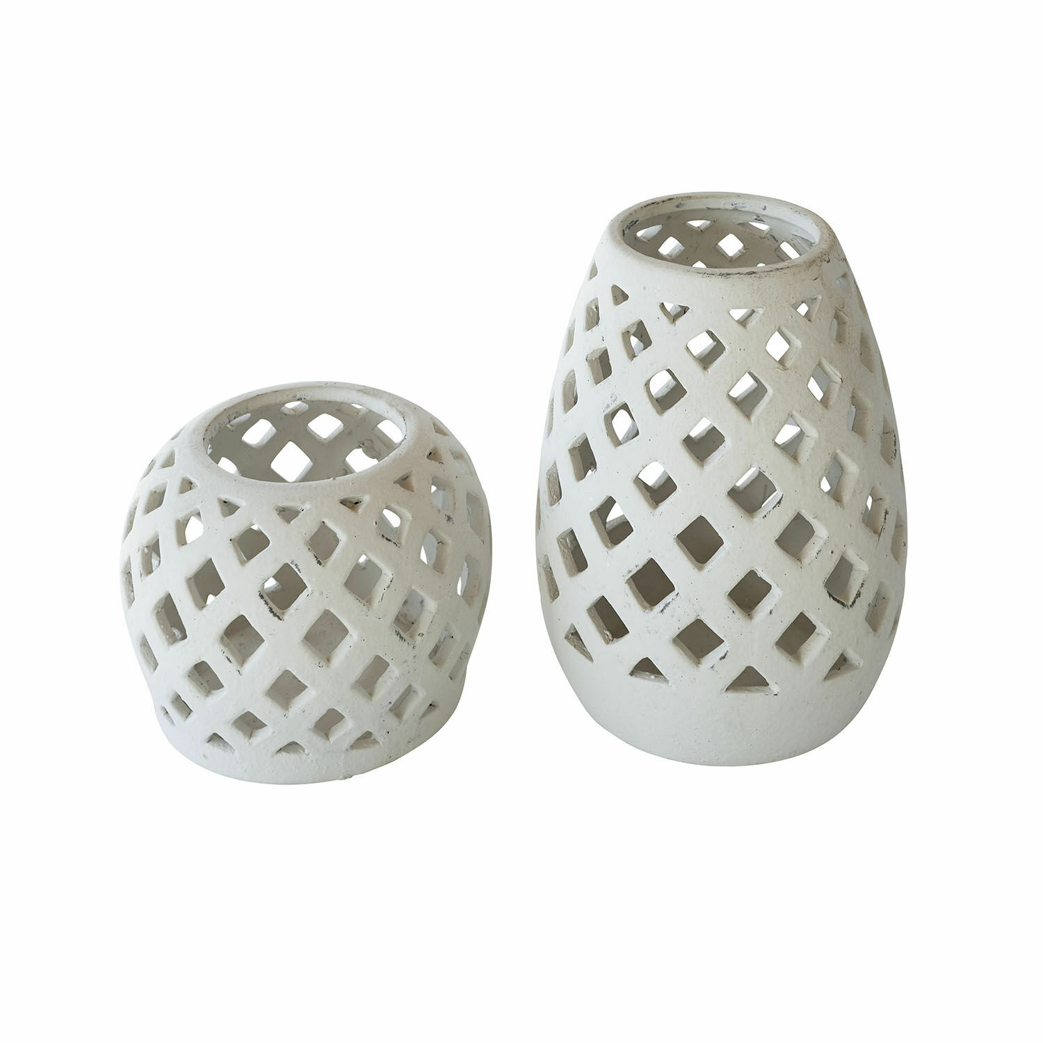 Set de 2 farolillos Serignac Dos faroles de cerámica blanca con diseño calado en forma de rombos para decoración interior