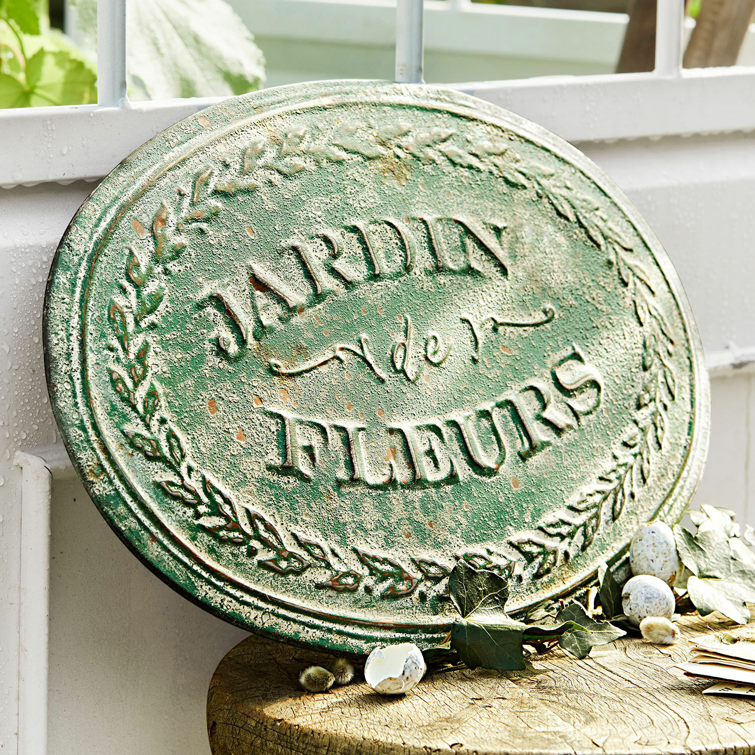 Letrero decorativo Jardin de Fleurs Placa ovalada de metal verde para jardín con texto Jardin de Fleurs y decoración de hojas