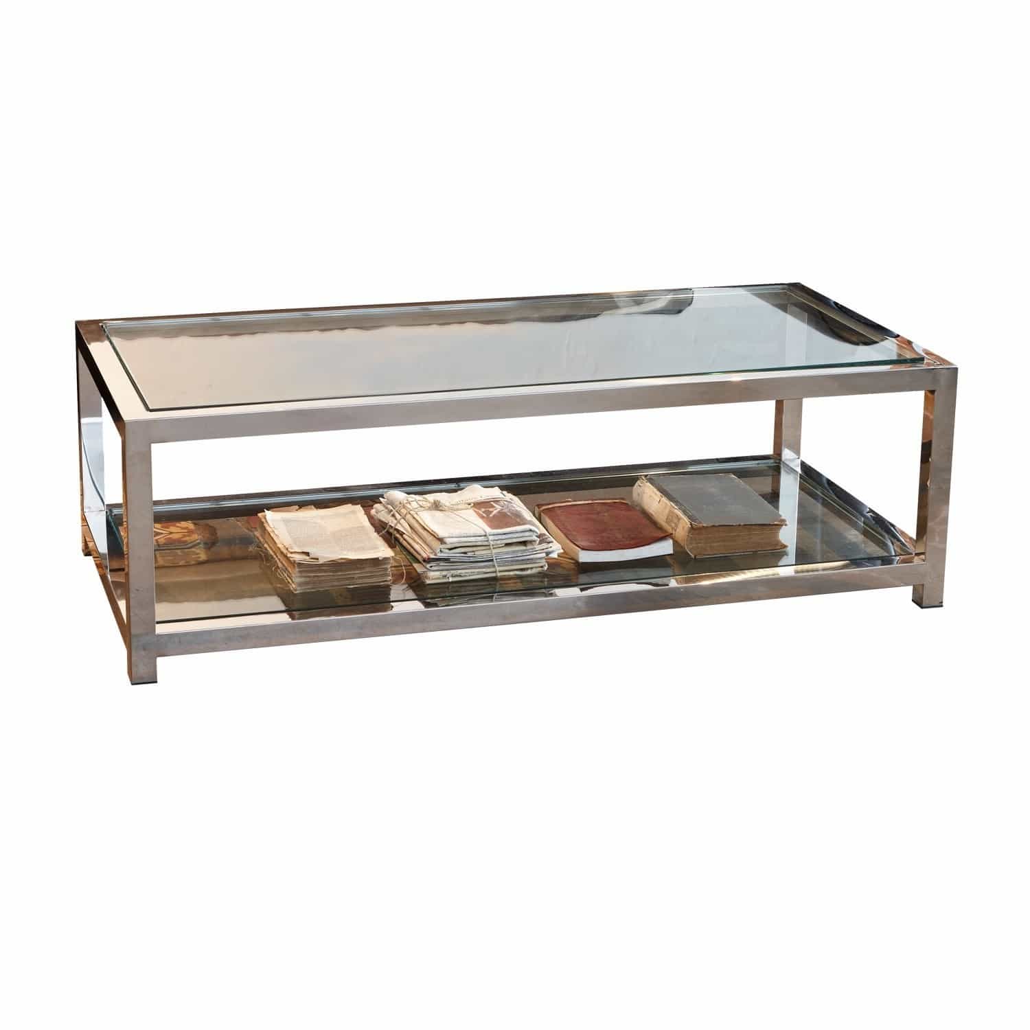 Mesa de centro Clayton Mesa de centro de vidrio y metal plateado con estante para libros y periódicos