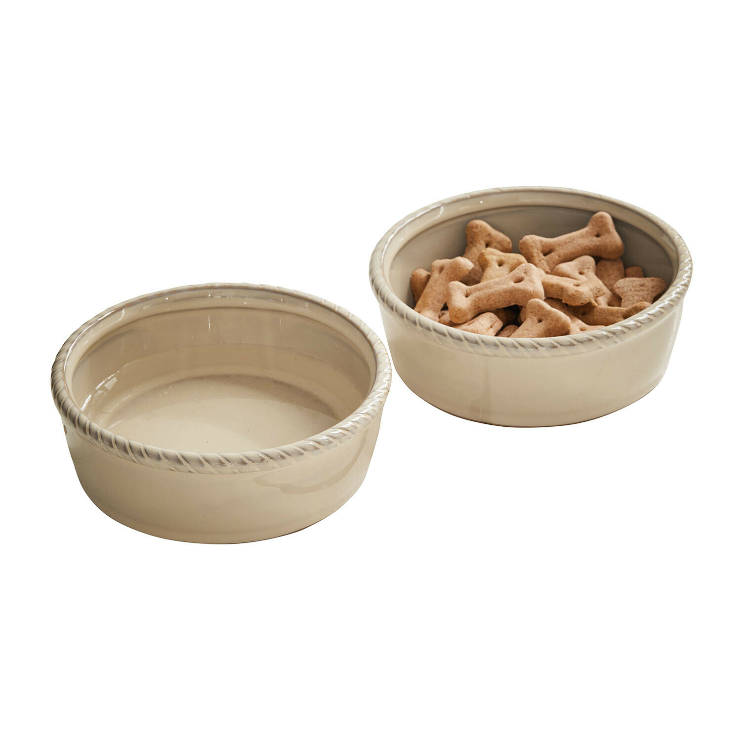 Set de 2 cuencos Pawilo Dos cuencos de cerámica beige para perros con borde decorativo, uno con galletas en forma de hueso, para comida y agua
