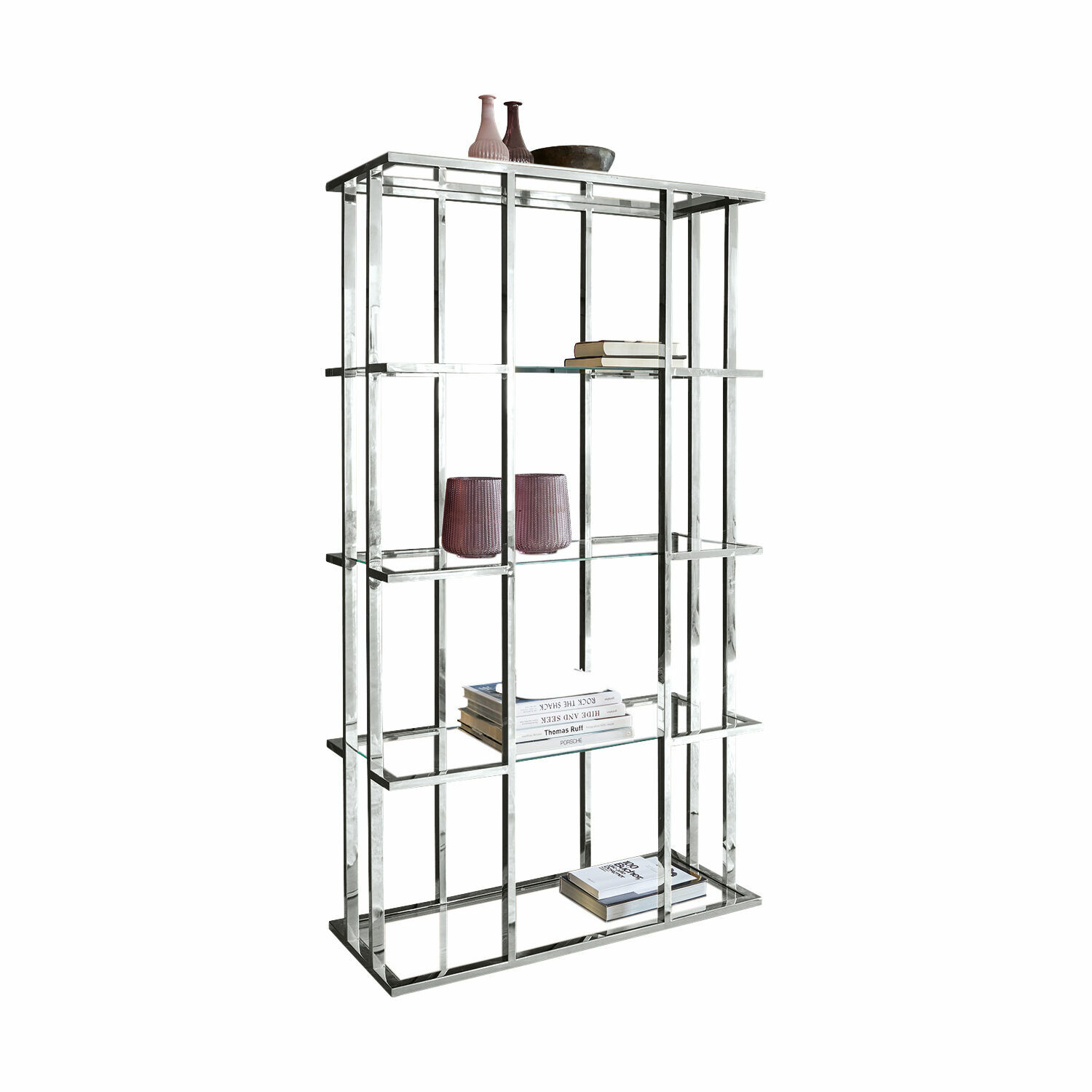 Estante Dacre Estantería moderna de metal plateado con estantes de vidrio, decoraciones y libros