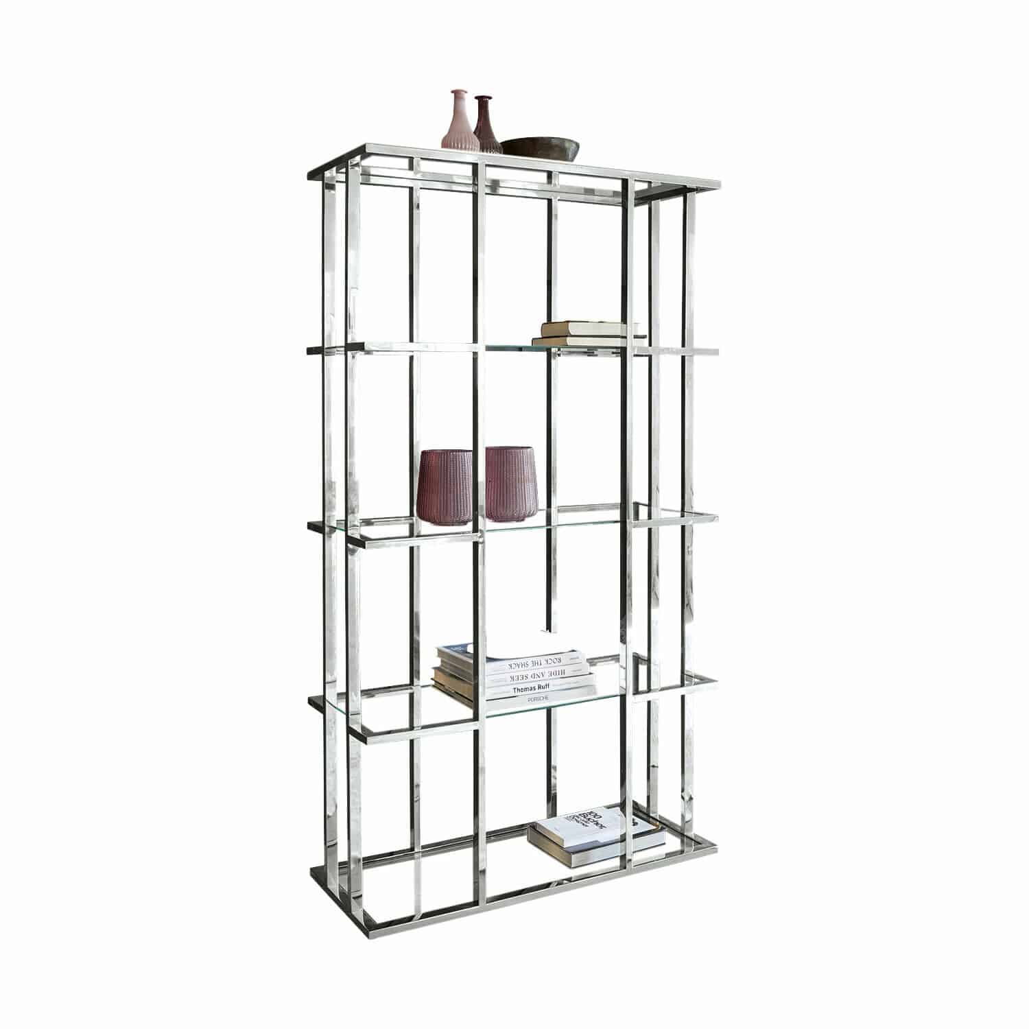 Estante Dacre Estantería moderna de metal plateado con estantes de vidrio, decoraciones y libros