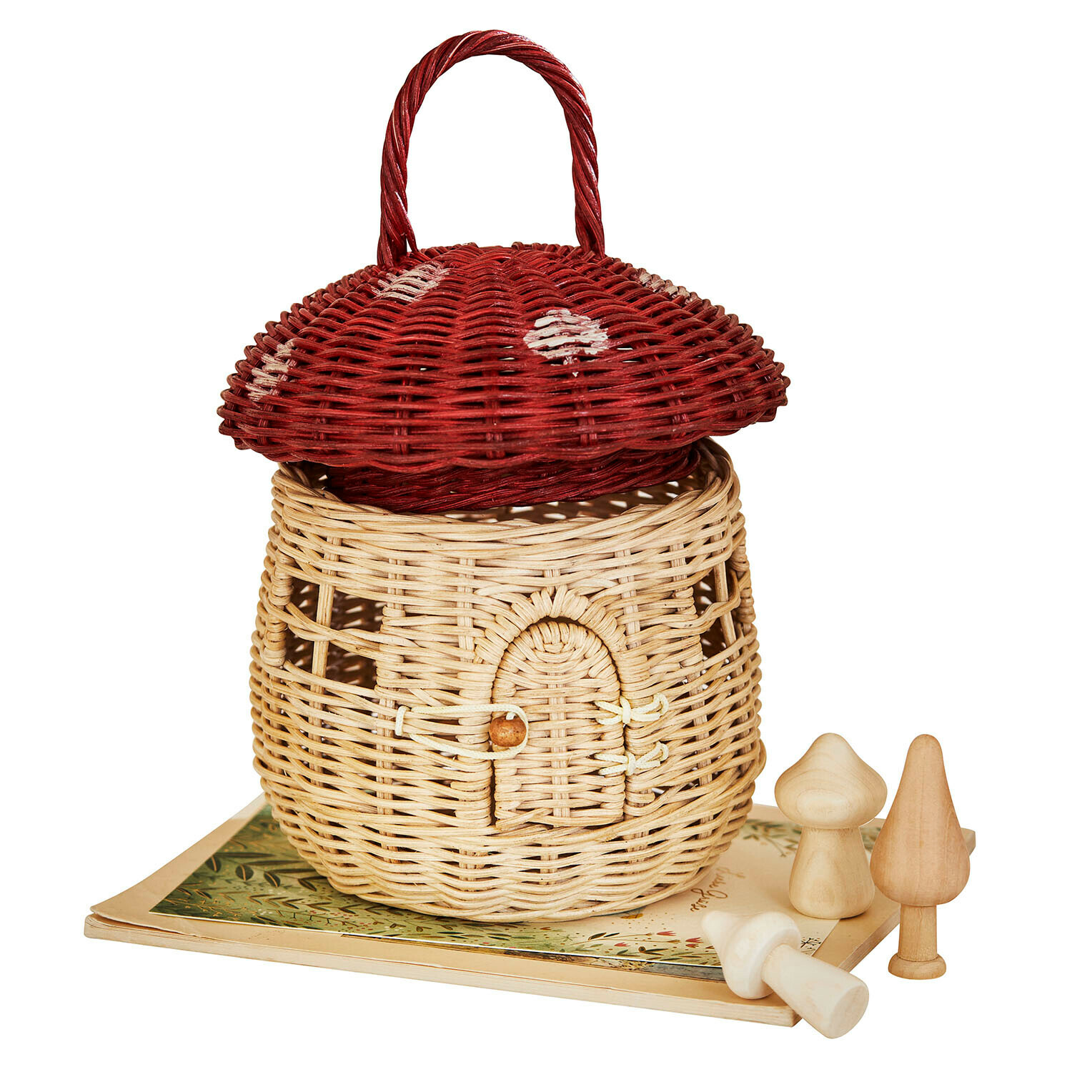 Cesta Norilie Cesta de mimbre con forma de hongo, tapa roja y decoraciones de madera en forma de setas