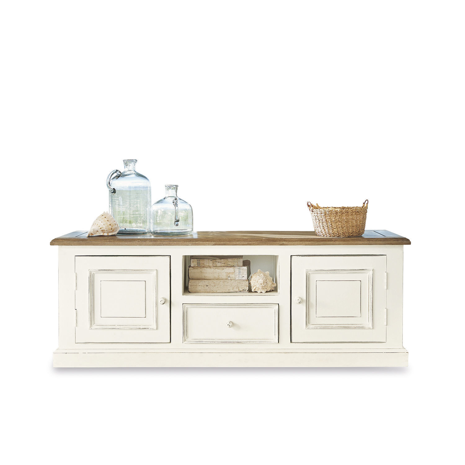 Aparador Cogolin Aparador de madera blanca con cajón y estantes, superficie de madera natural, decoraciones de vidrio y cesta