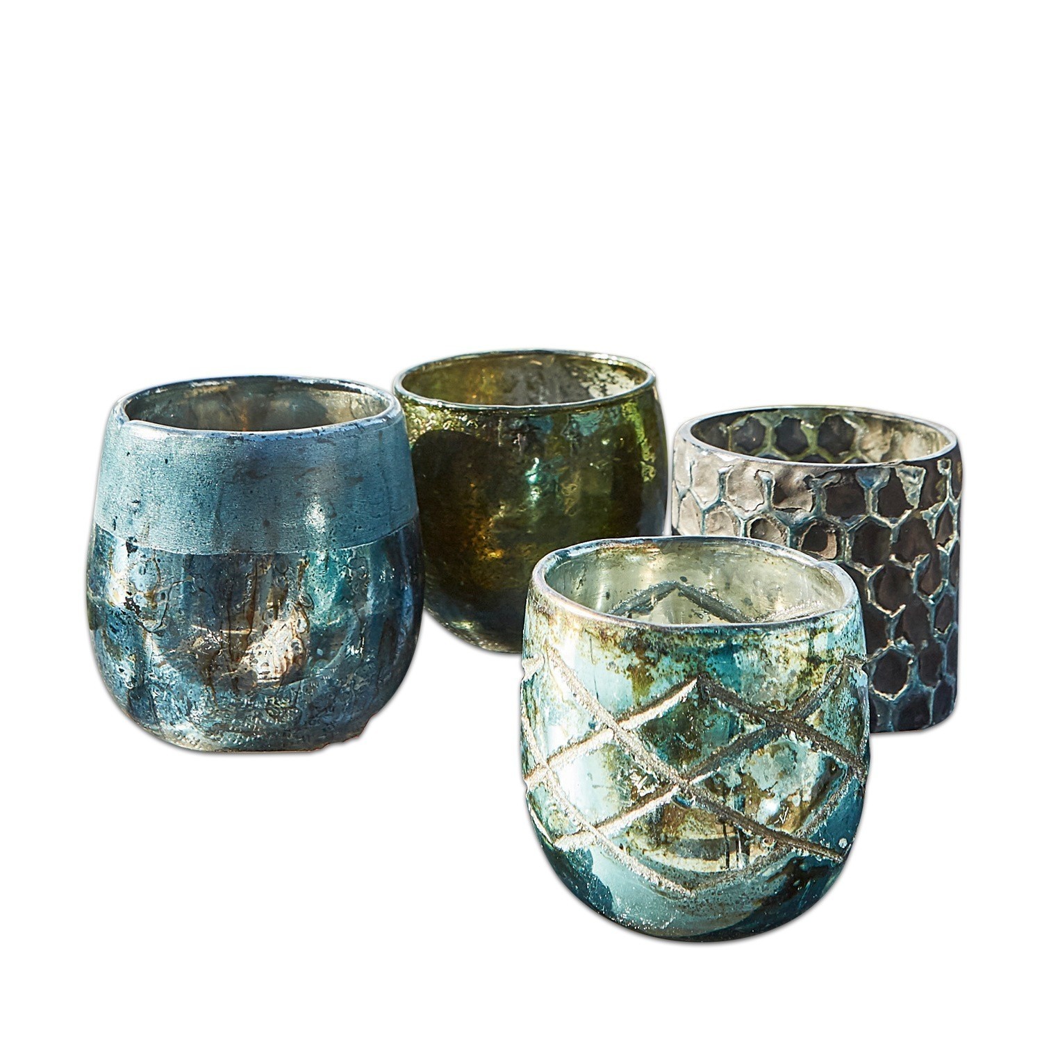 azul/verde Set de 4 portavelas de metal en colores marino y petróleo, decoración luminosa para el hogar