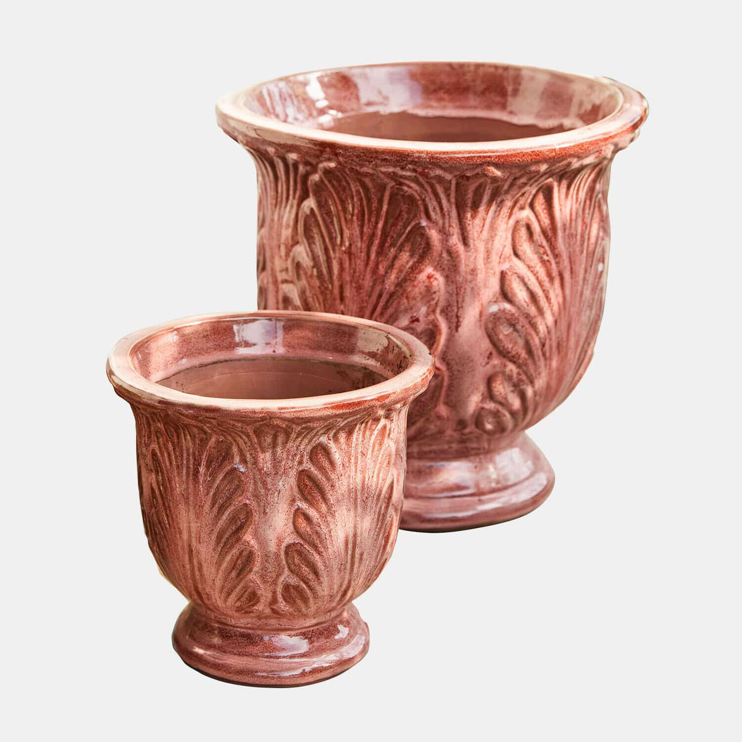 Dos macetas de cerámica color óxido con relieve de hojas, macetas decorativas para interior y jardín