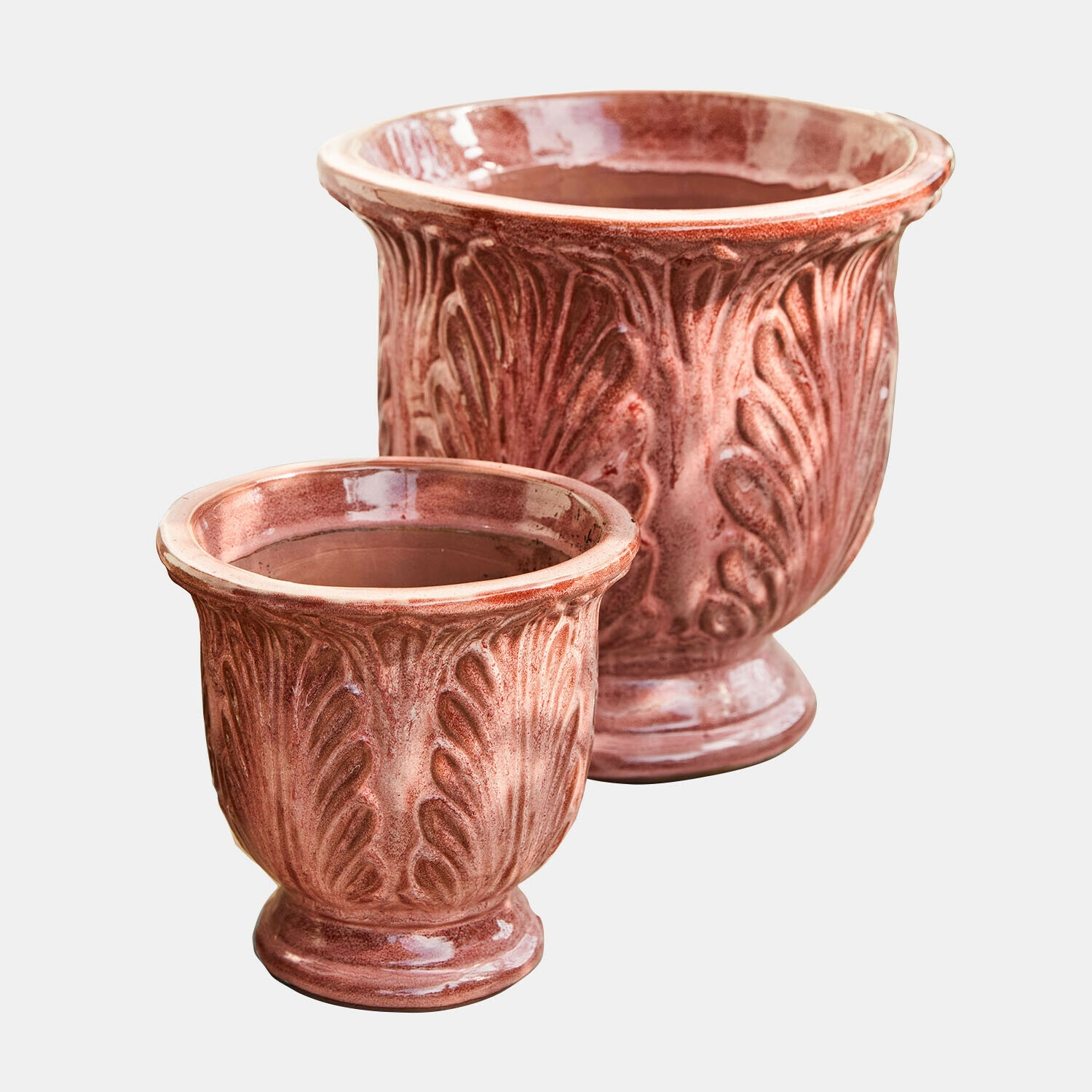 Set de 2 maceteros Aurezia Dos macetas de cerámica color óxido con relieve de hojas, macetas decorativas para interior y jardín