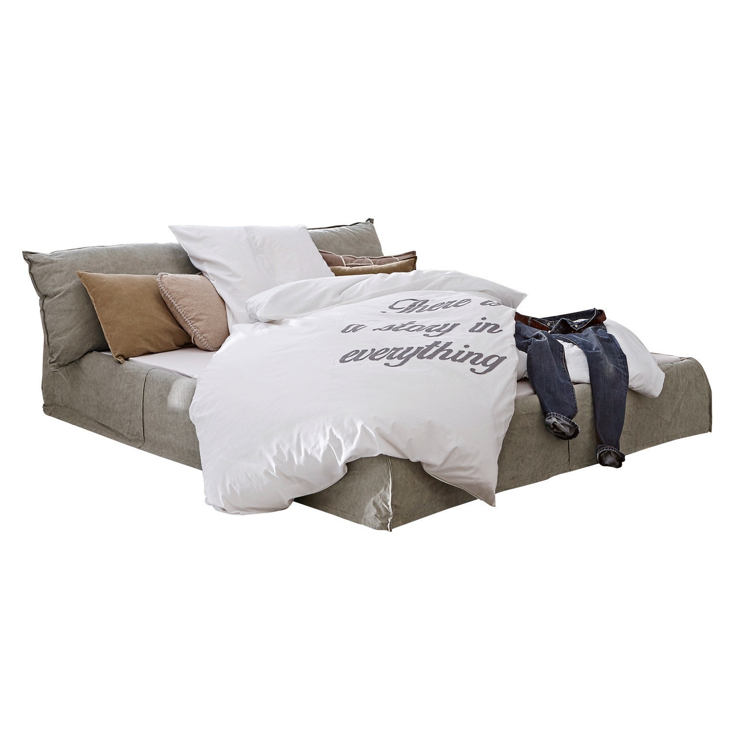caqui Cama Cottonwood color caqui con ropa de cama de algodón y cojines decorativos para dormitorio
