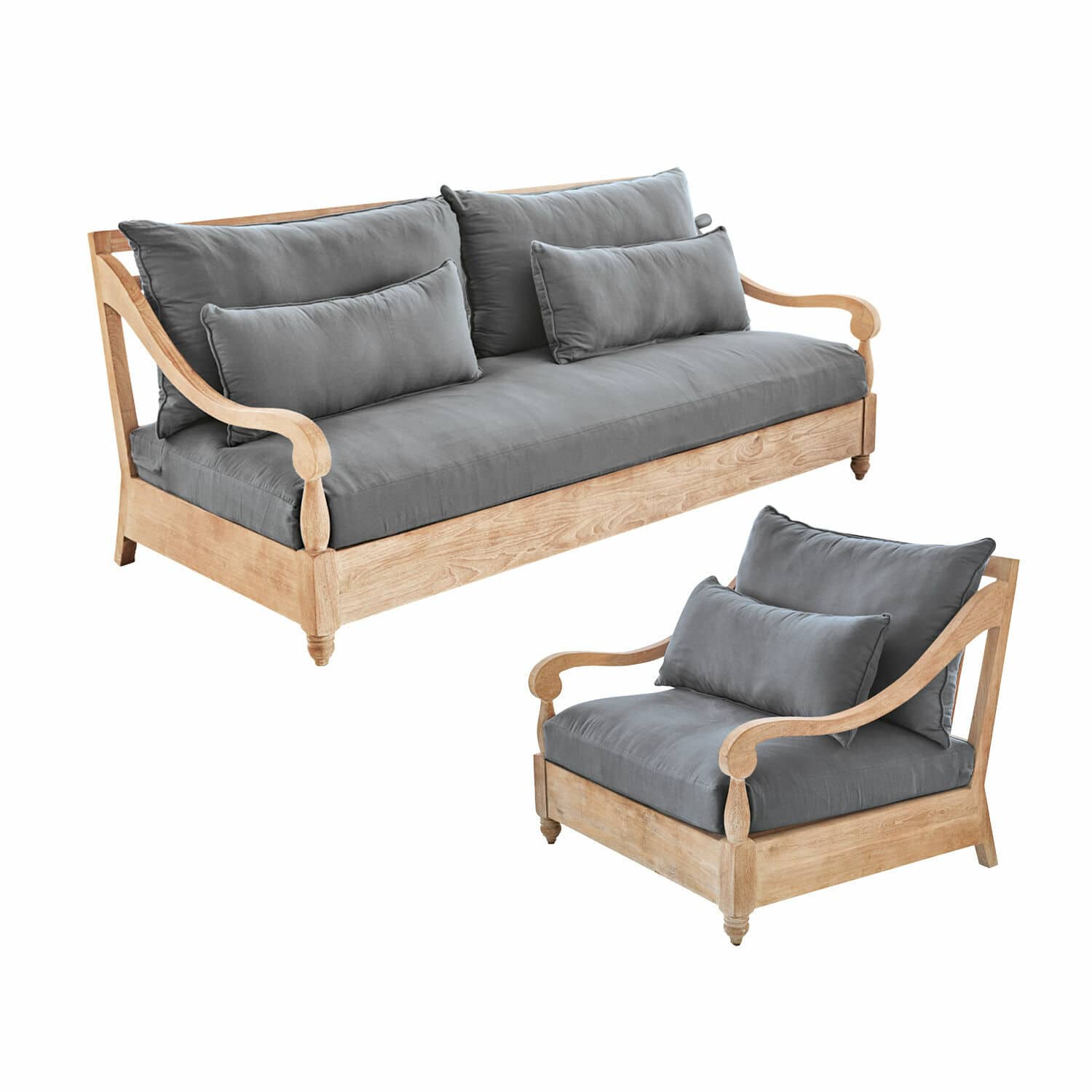 marrón/gris Conjunto de asientos Montcassin de madera con cojines grises, muebles cómodos para salón