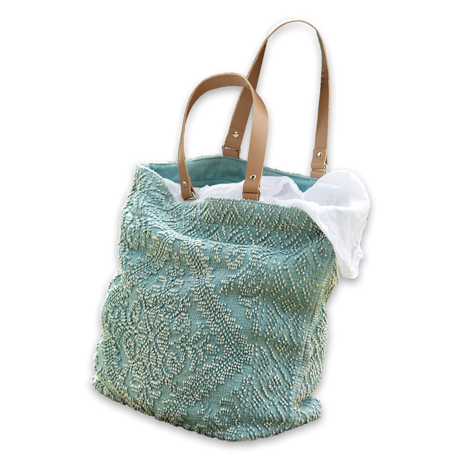 Bolsa de tela azul con asas de cuero sintético beige y diseño texturizado