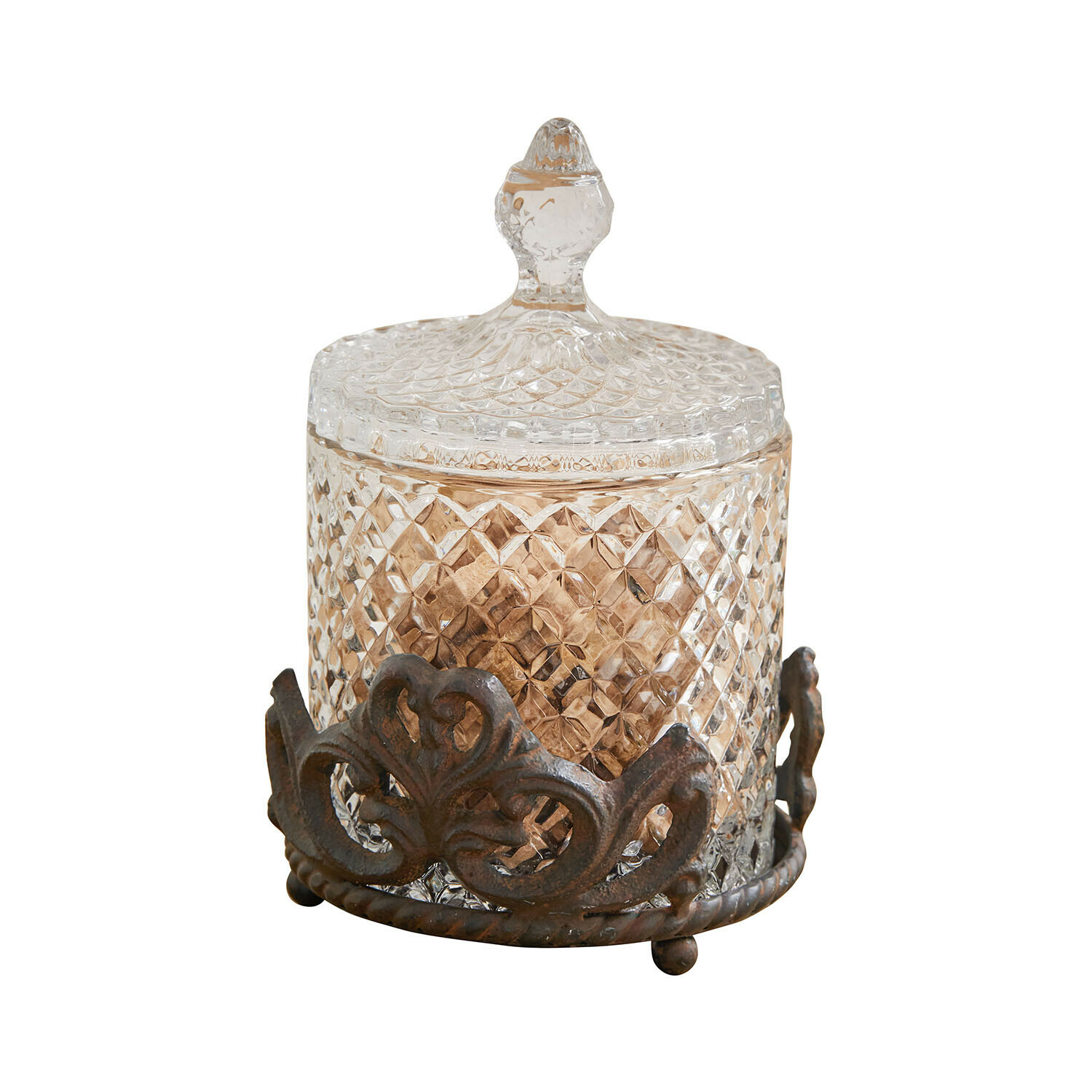 Recipiente de vidrio con tapa y base metálica decorativa vintage, transparente y marrón