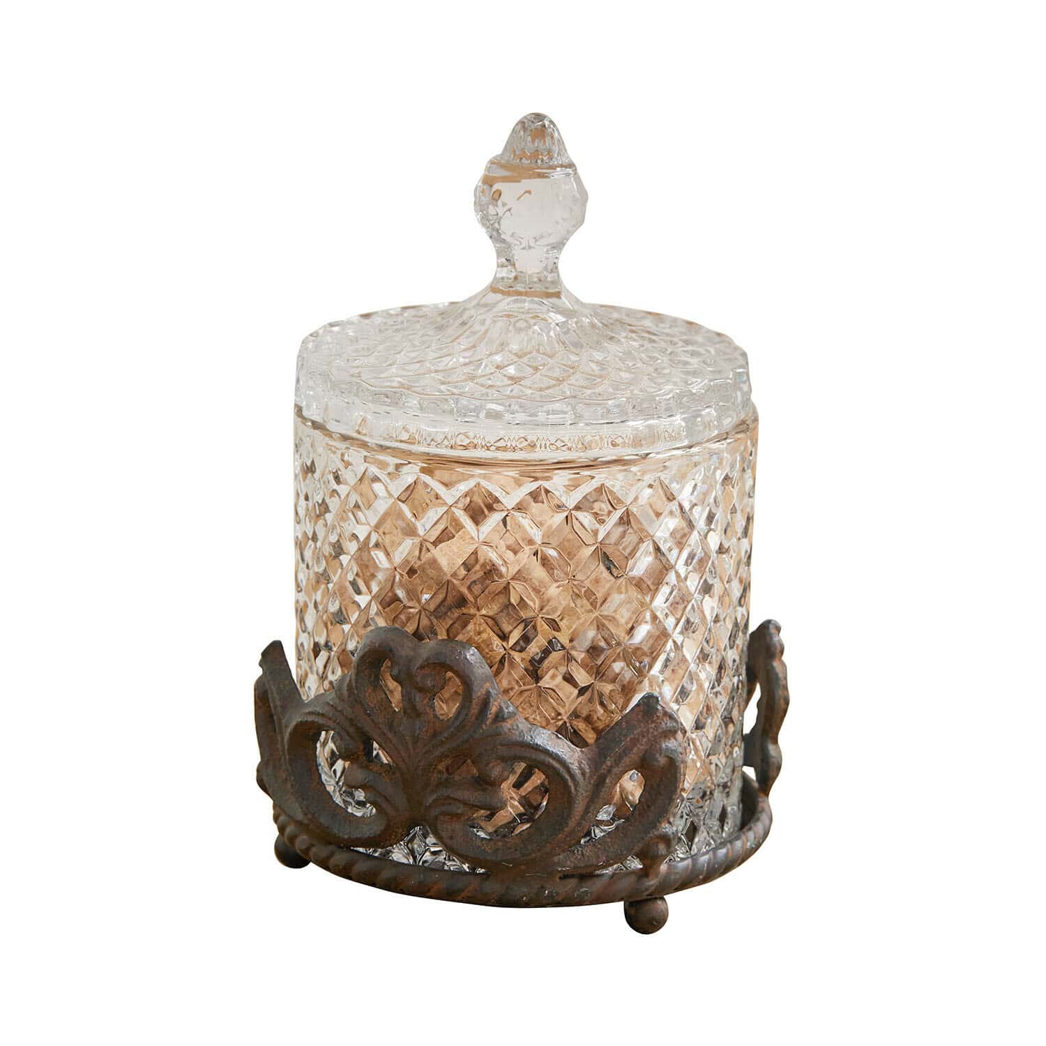 Tarro de cristal con soporte Kerynna Recipiente de vidrio con tapa y base metálica decorativa vintage, transparente y marrón