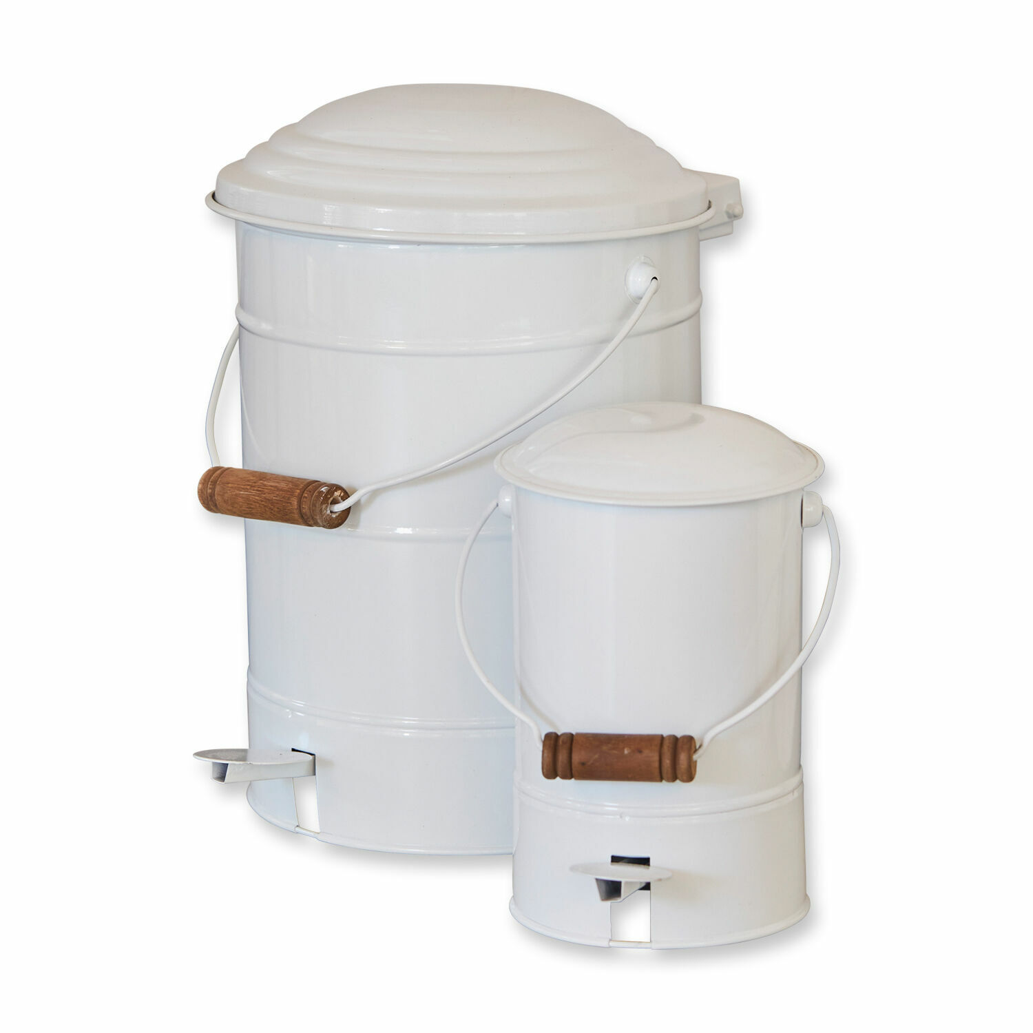 Set de 2 papeleras Pernell Cubos de basura metálicos blancos con tapas y asas de madera, prácticos para el hogar