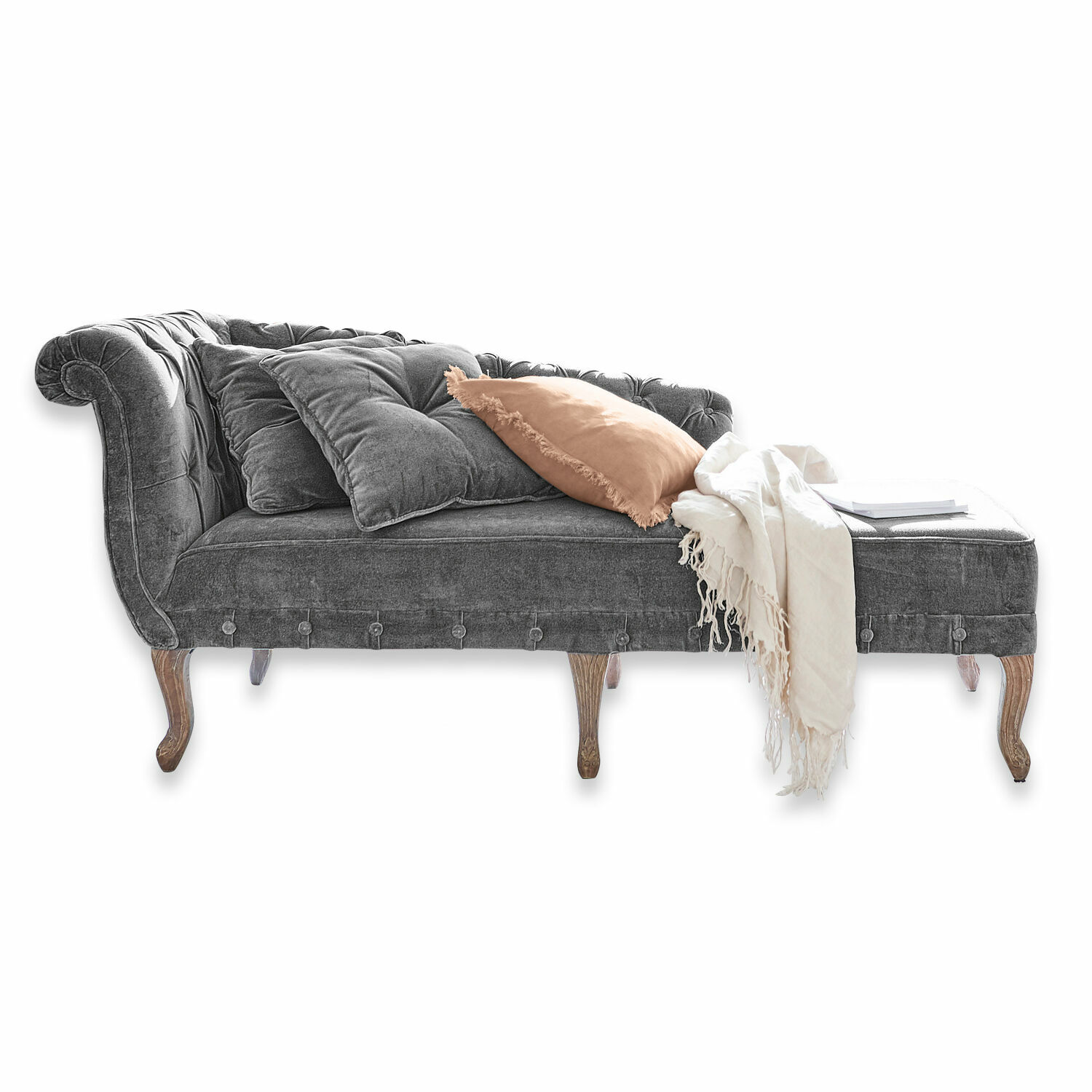 Chaise longue Viviani Chaise longue gris de terciopelo con patas de madera y cojines, mueble elegante para sala de estar