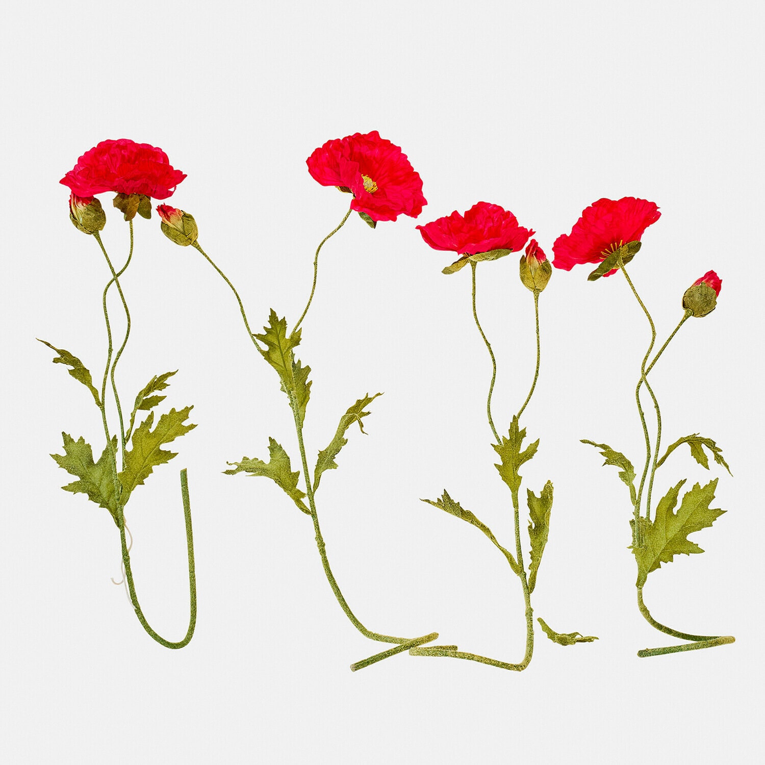 Set de 4 flores decorativas Doravela Amapolas artificiales rojas con hojas verdes sobre fondo blanco, decoración floral para interiores