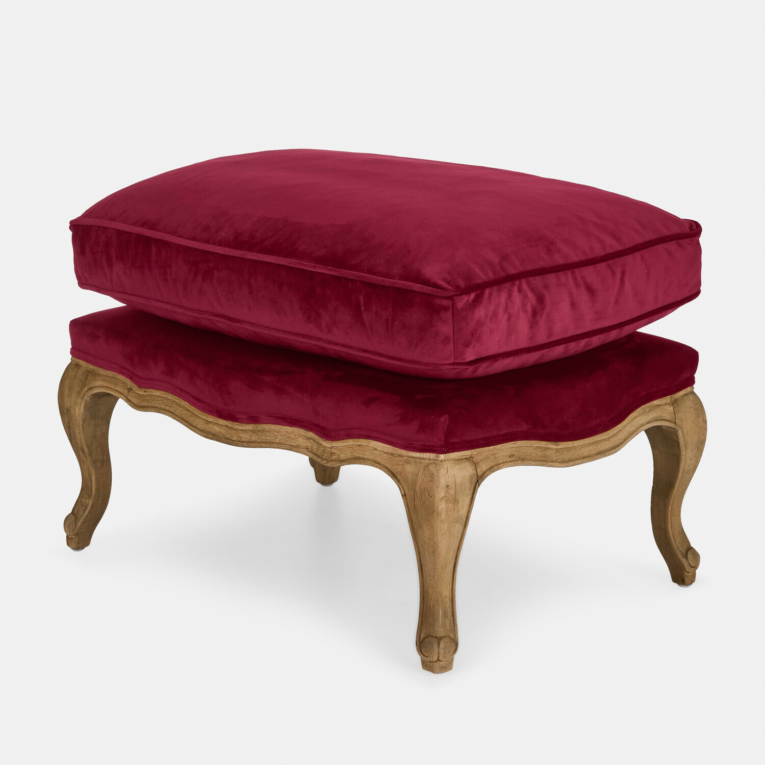 Taburete Corlay Reposapiés con patas de madera y cojín de terciopelo burdeos, mueble elegante para salón