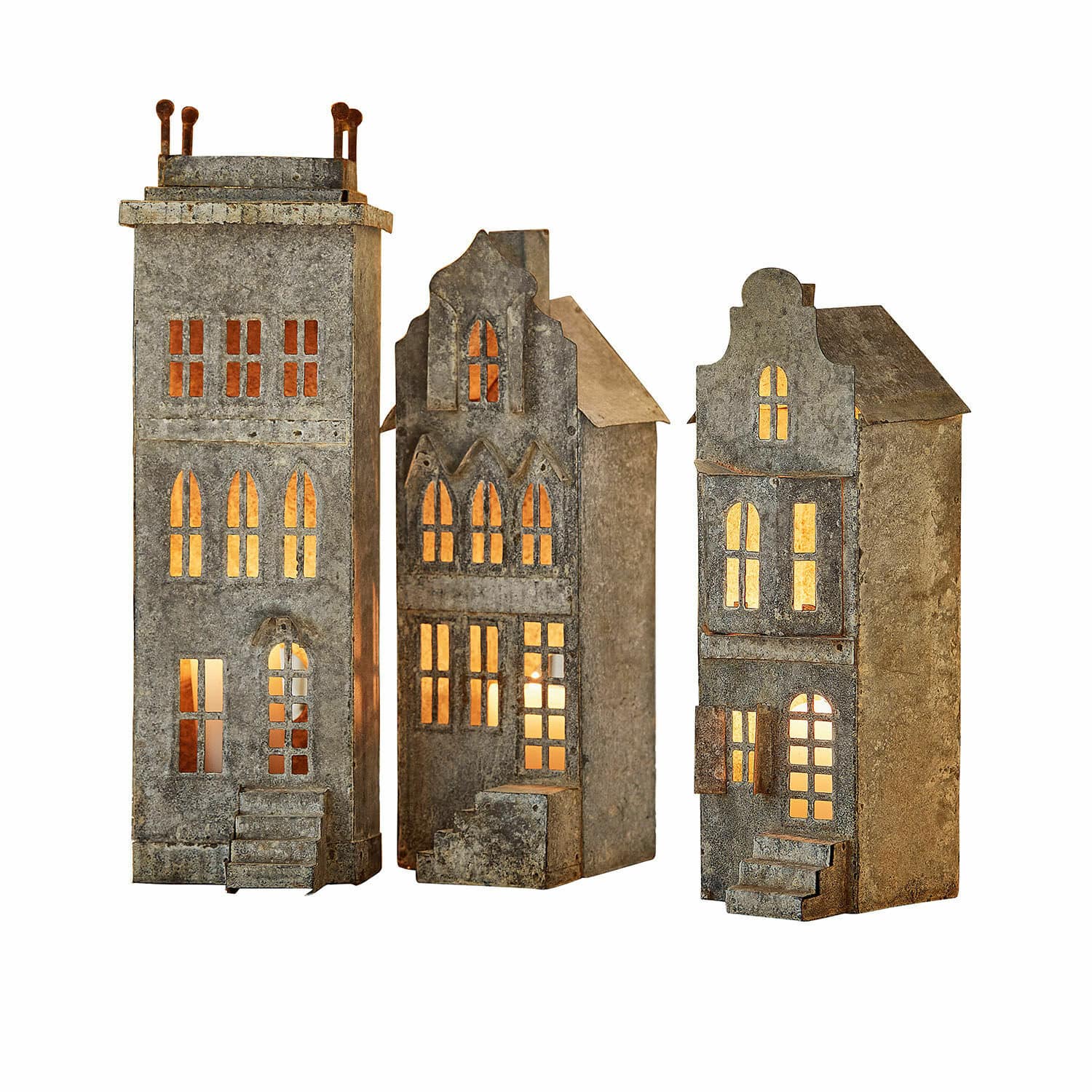 Portavelas Middlewich Conjunto de tres faroles metálicos con forma de casas y luz cálida, decoración para interiores