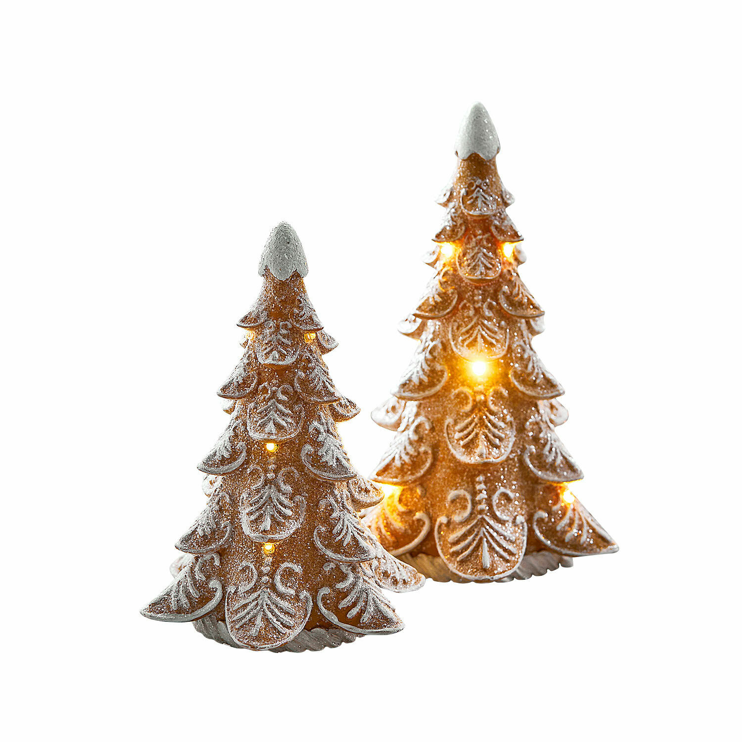 Set de 2 árboles LED Anyama Dos árboles de Navidad decorativos de cerámica marrón con luces LED y efecto nieve blanca, decoración festiva