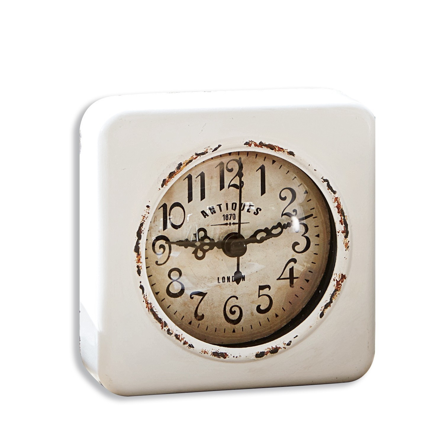 Reloj Gervase Reloj de mesa vintage con carcasa metálica blanca y esfera envejecida con números arábigos