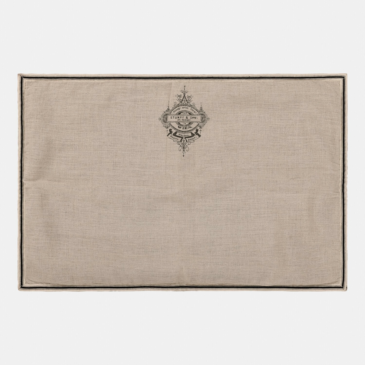 Alfombrilla de baño Rania Mantel de lino beige con estampado negro y borde, estilo rústico para decoración de mesa