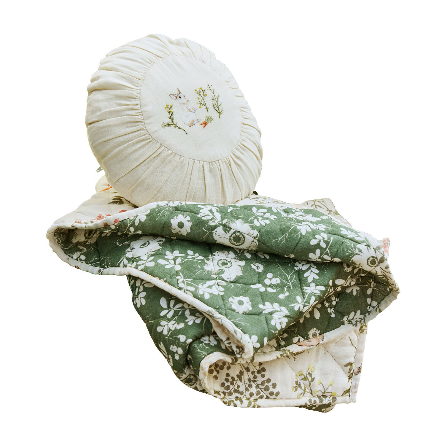 Plaid y cojín Puddlebrook Cojín redondo crema con bordado de conejo y manta acolchada verde con flores para decoración del hogar