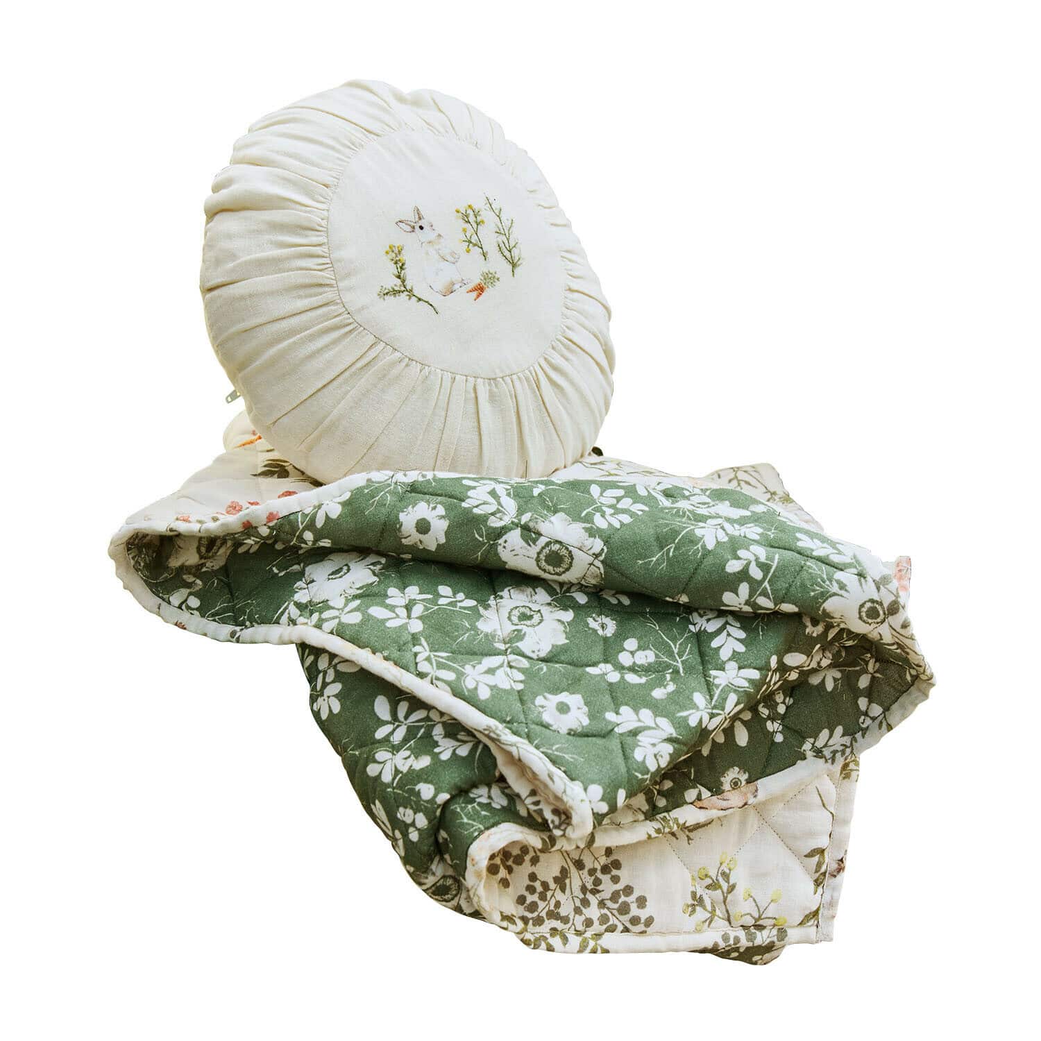 Plaid y cojín Puddlebrook Cojín redondo crema con bordado de conejo y manta acolchada verde con flores para decoración del hogar