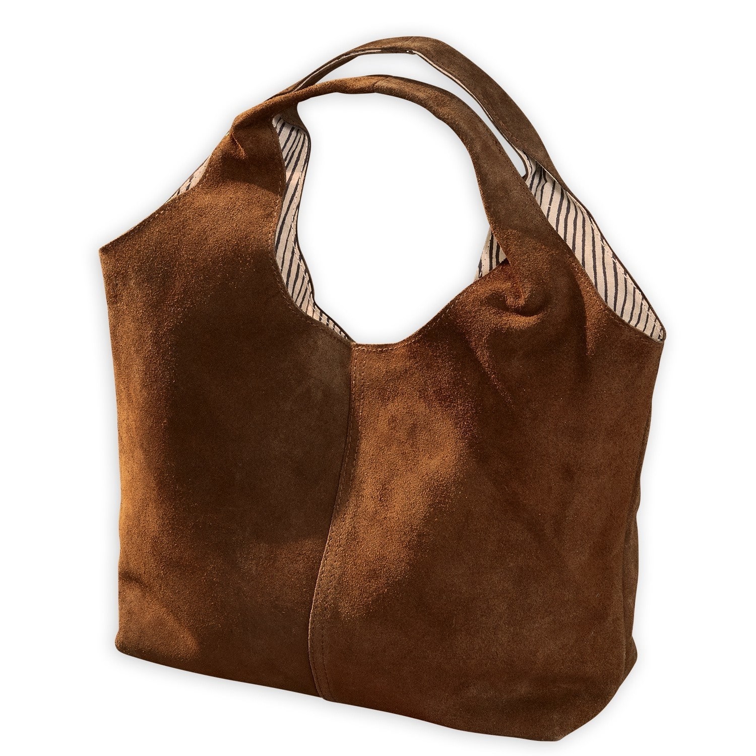 Bolso Georgine Bolso marrón de ante suave con asa y forro a rayas, accesorio de moda para uso diario