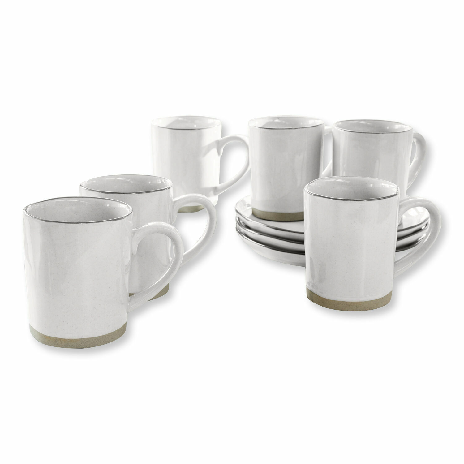 Set de 6 tazas Biarré Juego de seis tazas de cerámica blanca con base beige y platos para café
