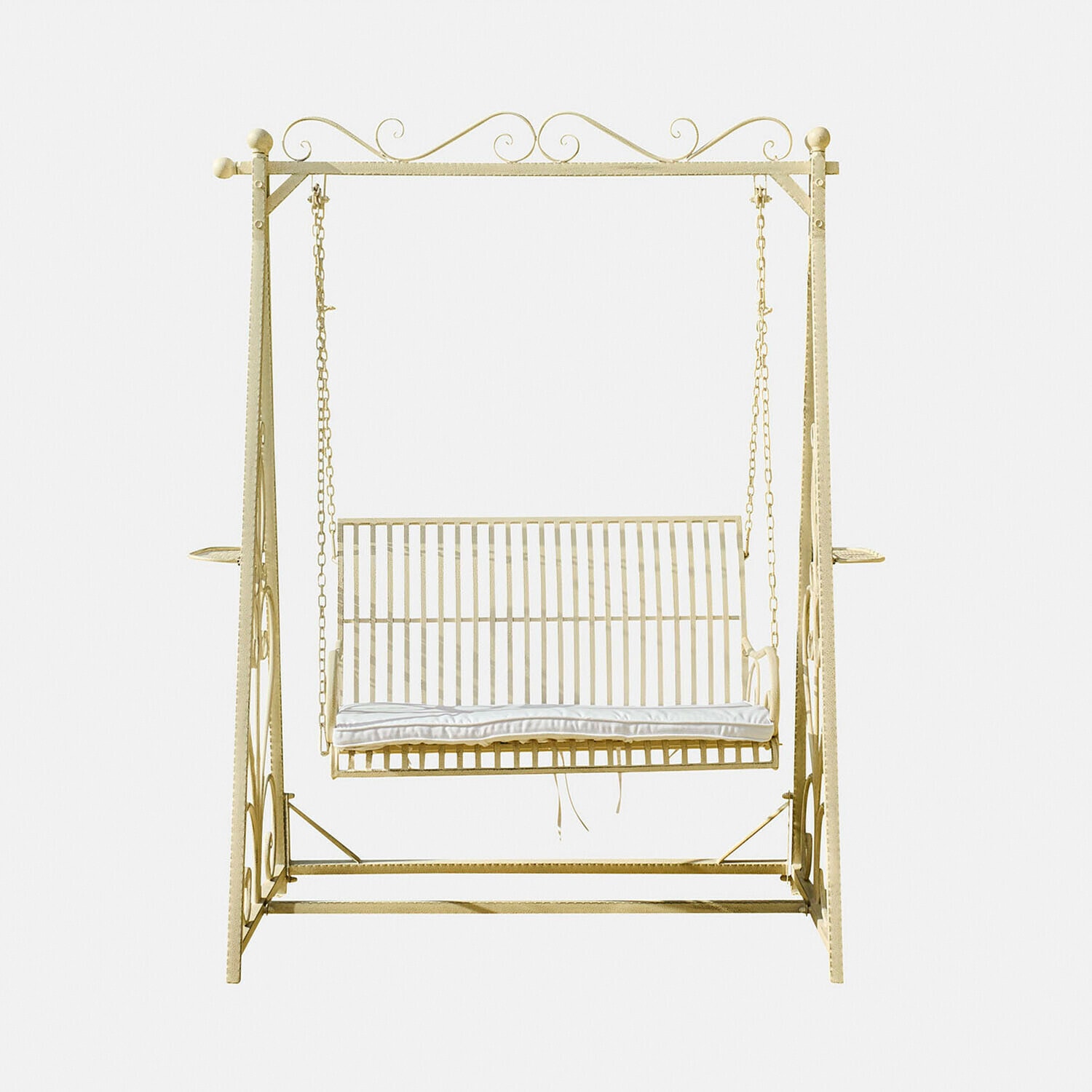 Columpio Hollywood Iveralia Columpio de jardín de metal color crema con cojín blanco, ideal para relajarse al aire libre