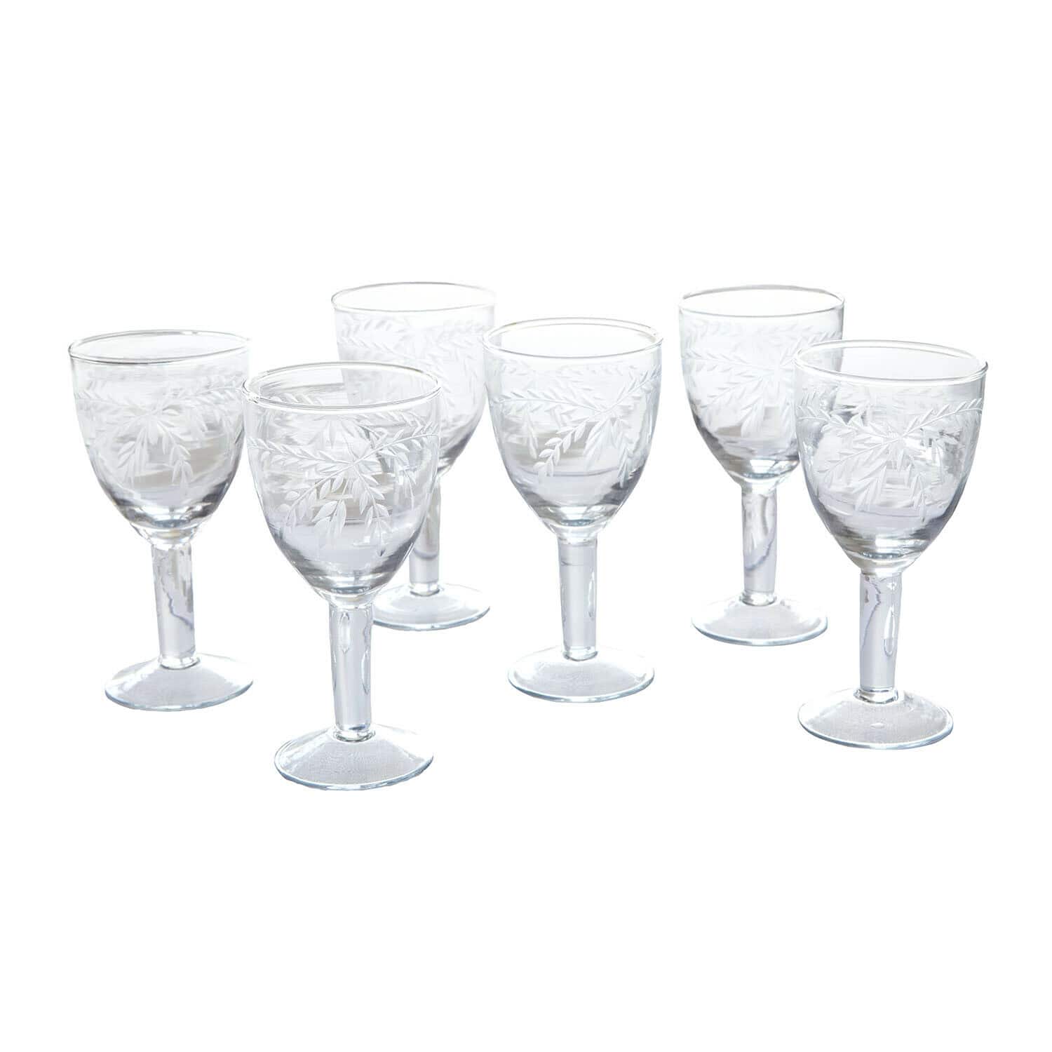 Set de 6 copas Florineau Conjunto de seis vasos transparentes con diseño grabado de hojas para bebidas