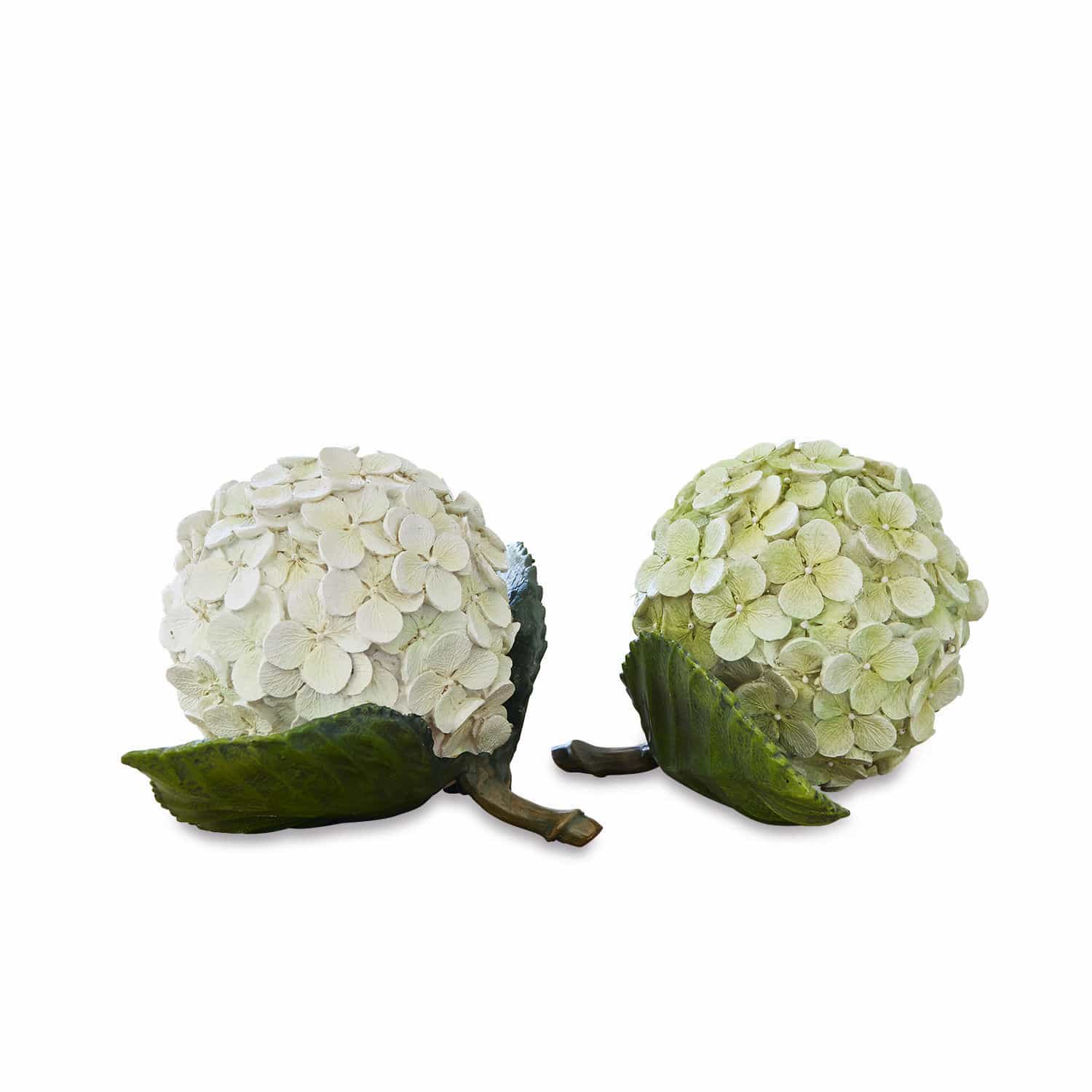 Set de 2 flores decorativas Hortensie Bolas decorativas de flores en tonos blanco y verde con hojas, adorno para el hogar