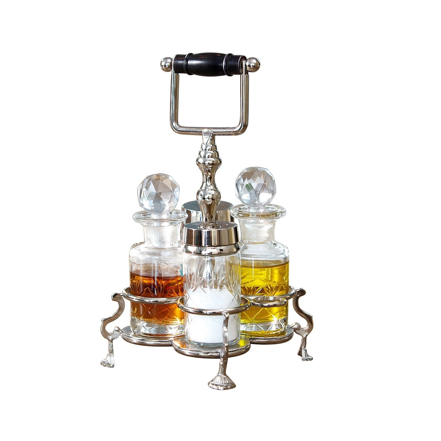 Set de aceitera, vinagrera, salero y pimentero Fayetteville Juego de especias de vidrio y metal con tapones de cristal, ideal para aceite, vinagre y sal