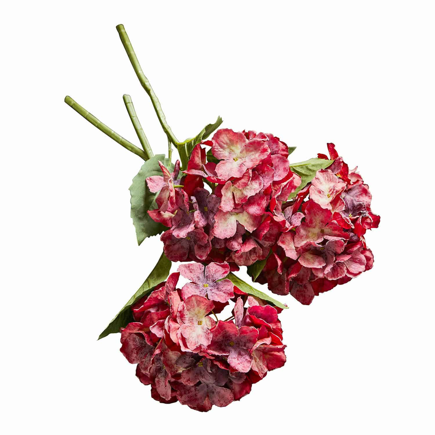 Set de 3 flores decorativas Virette Ramo de hortensias artificiales en tonos rojo y rosa con hojas verdes para decoración