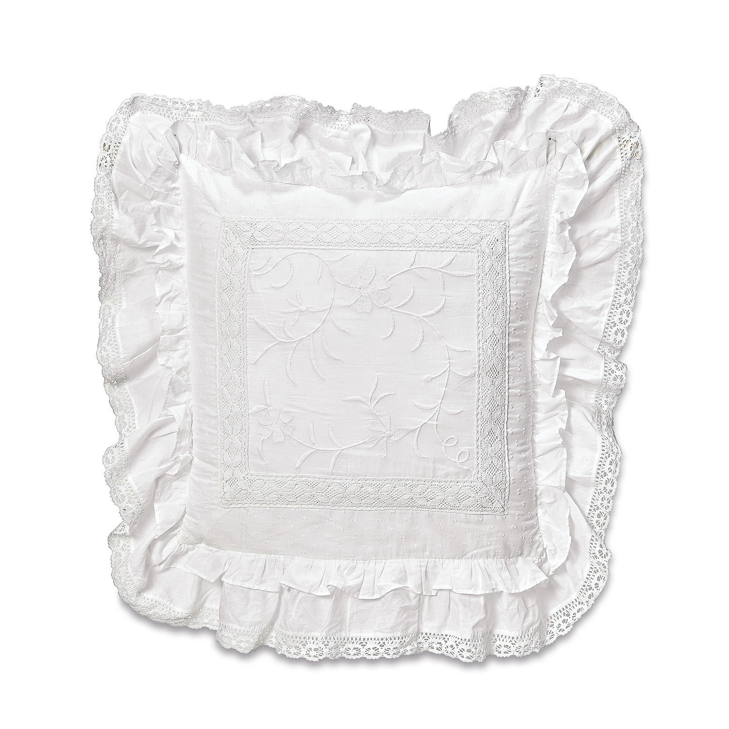 Cojín Marbury Funda de cojín blanca de algodón con encaje y bordado, decorativa para dormitorio