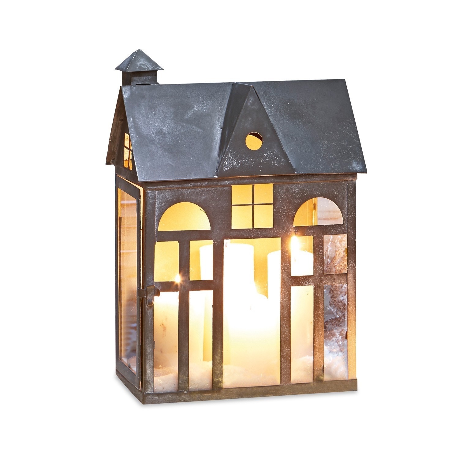 Farol Sweet Home Linterna metálica en forma de casa con techo negro y luz cálida de vela en el interior
