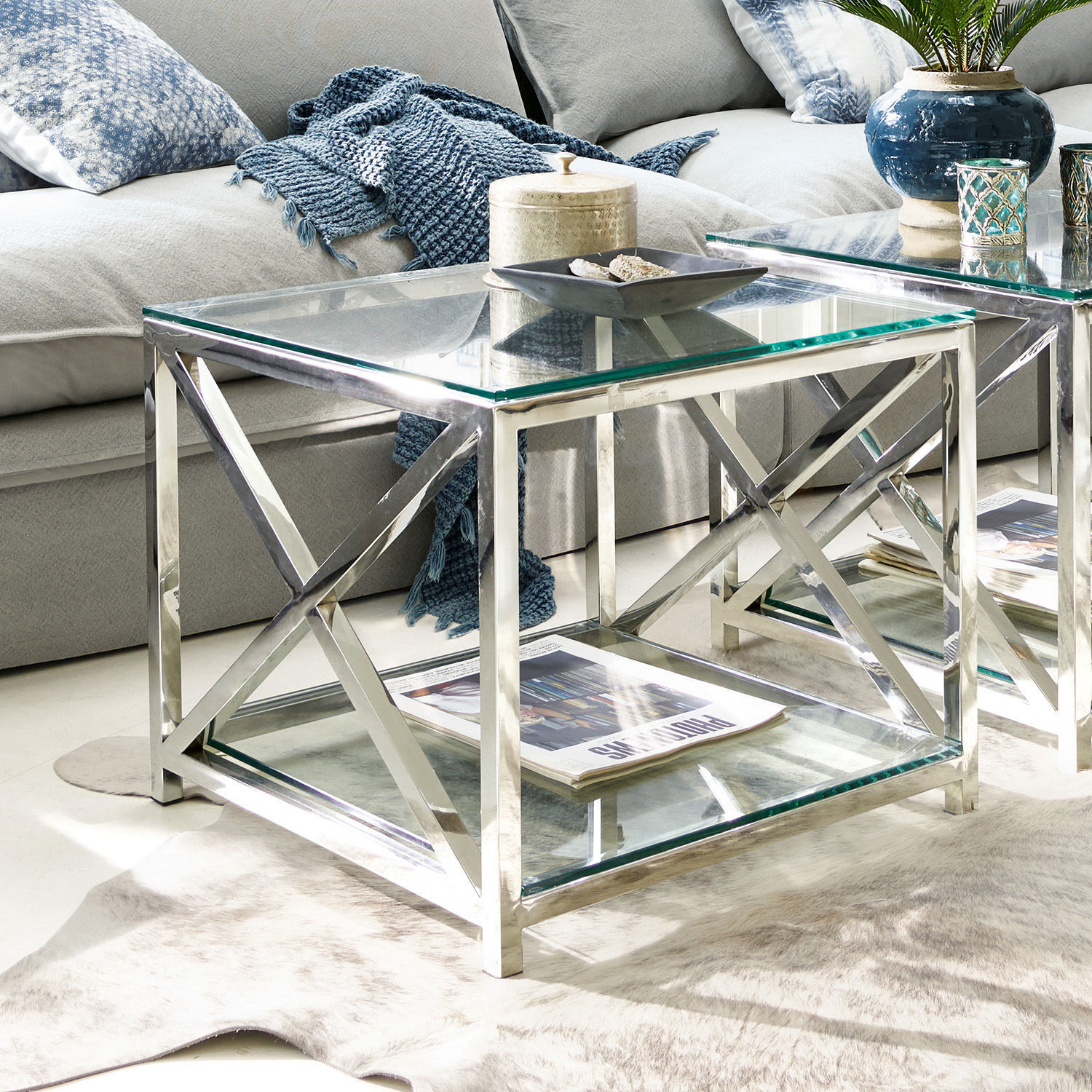Mesa auxiliar Stamford Mesa de centro moderna de vidrio y acero cromado plateado para salón elegante y luminoso