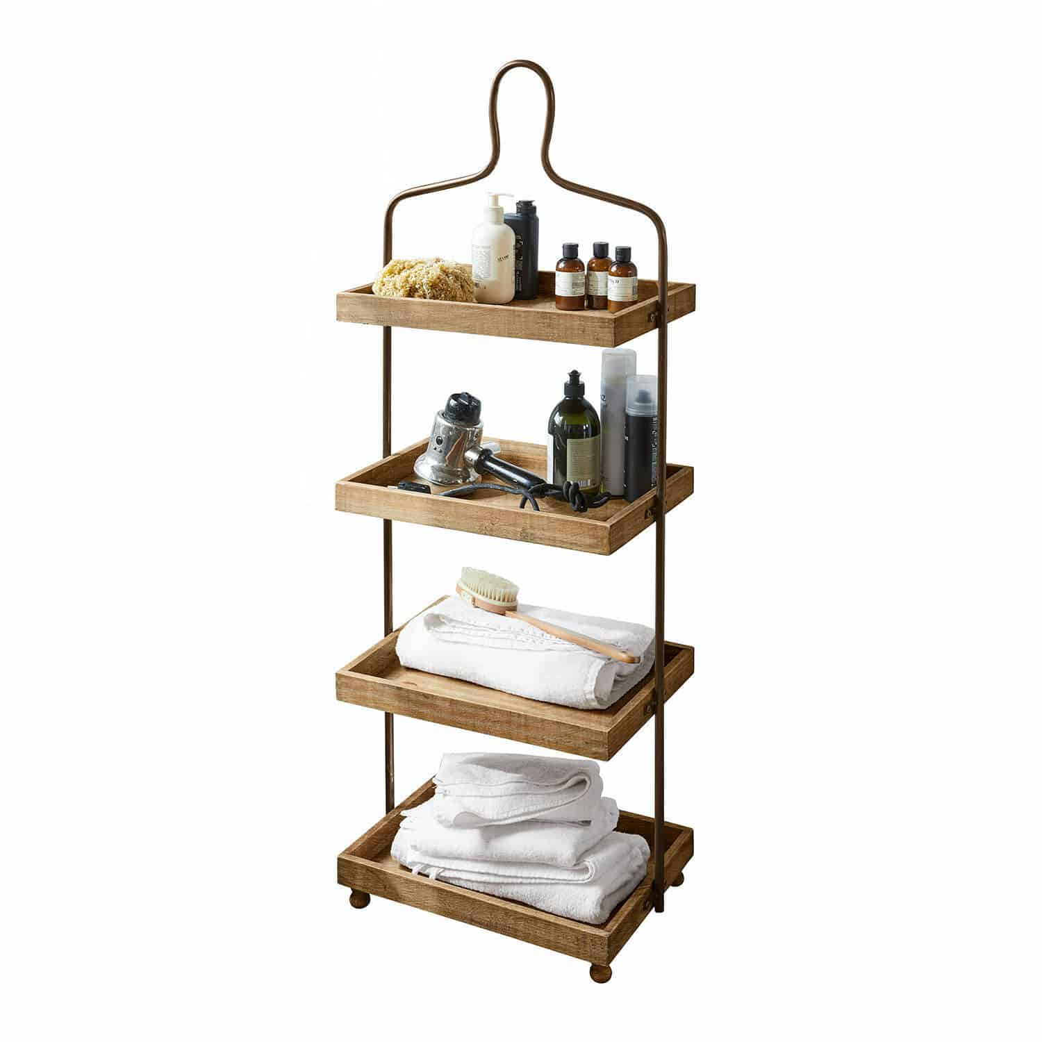 Bandeja de 3 niveles Lasse Estantería de baño con cuatro bandejas de madera y estructura metálica marrón, con toallas y productos de cuidado