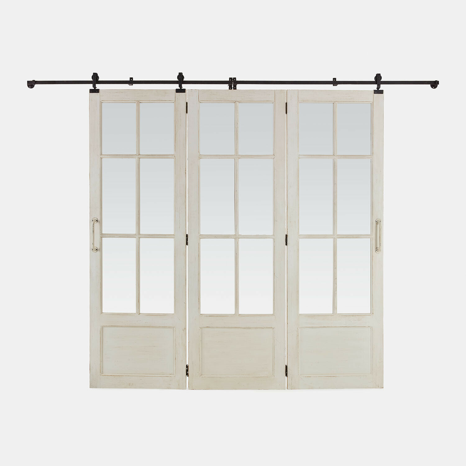 Puerta corredera plegable Salivonne Tres puertas correderas blancas de madera con cristales y mecanismo metálico negro