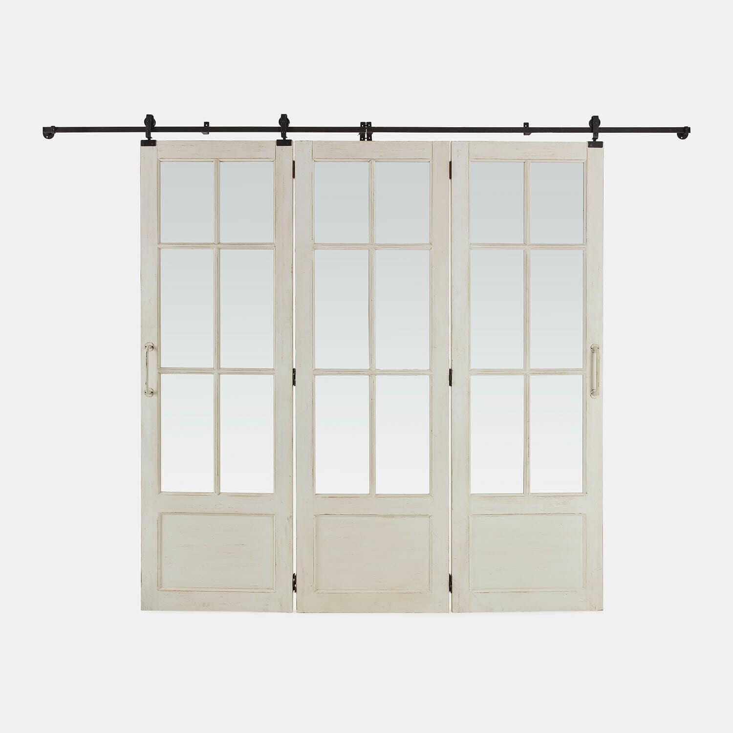 Puerta corredera plegable Salivonne Tres puertas correderas blancas de madera con cristales y mecanismo metálico negro