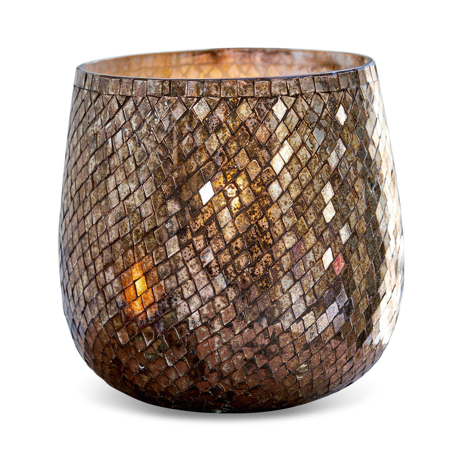 Farolillo Lissarda Portavelas de vidrio con mosaico en tonos marrones para decoración interior y ambiente acogedor