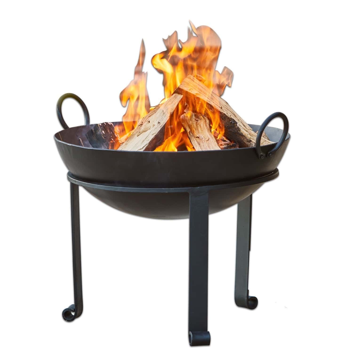 Brasero Harrogate Brasero metálico negro con tres patas, madera ardiendo y llamas para jardín