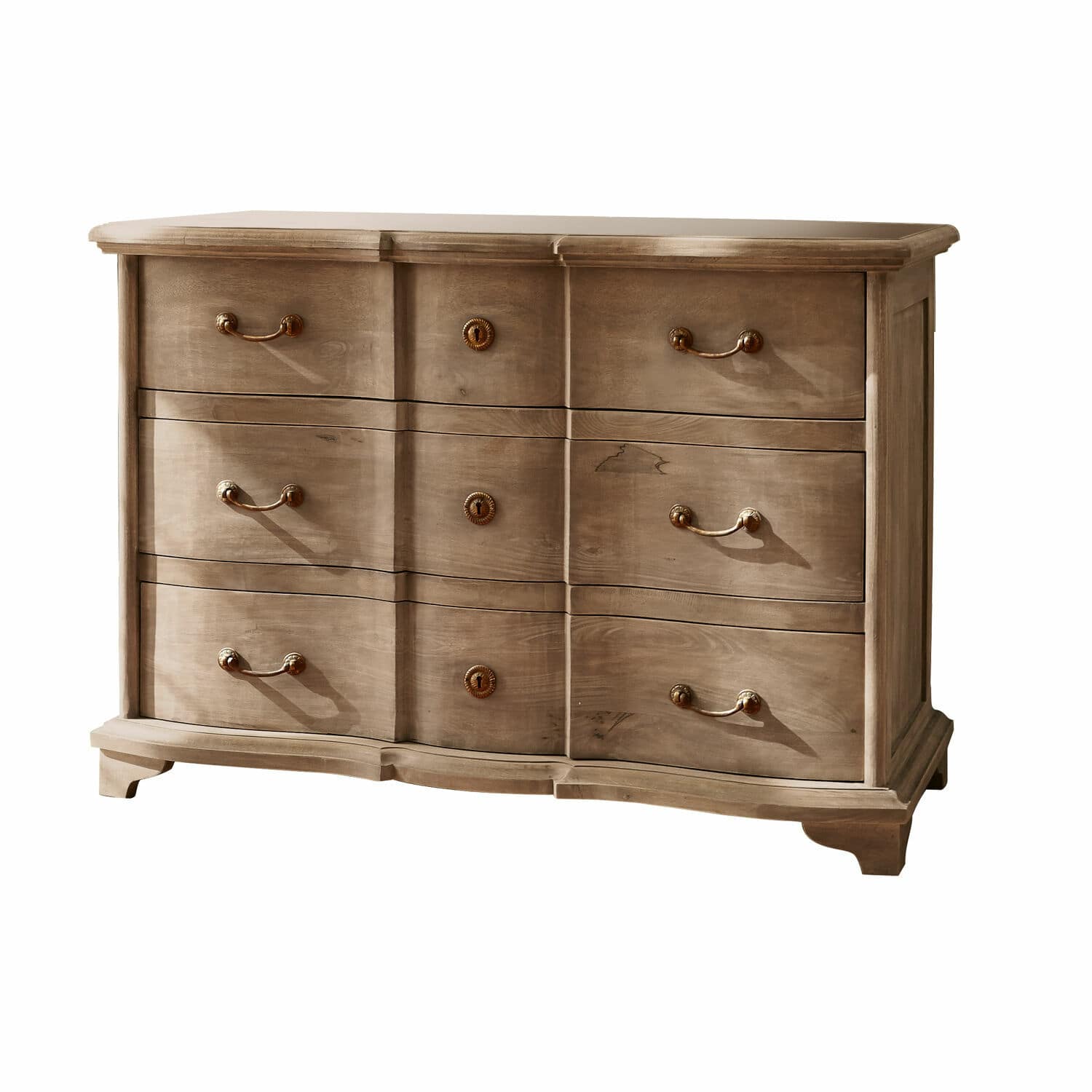Cómoda Aiguillon Cómoda de madera natural con seis cajones y tiradores de latón para almacenamiento elegante