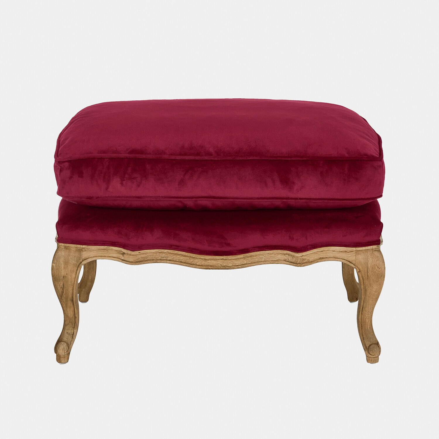 burdeos/marrón Reposapiés Corlay en terciopelo burdeos con estructura de madera marrón, mueble elegante para salón