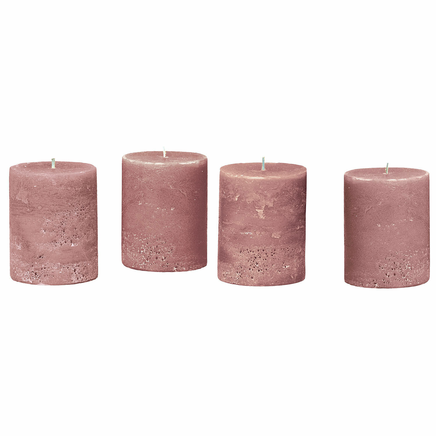 rosa Set de 4 velas rosas de cera con textura rústica, decoración y ambiente acogedor