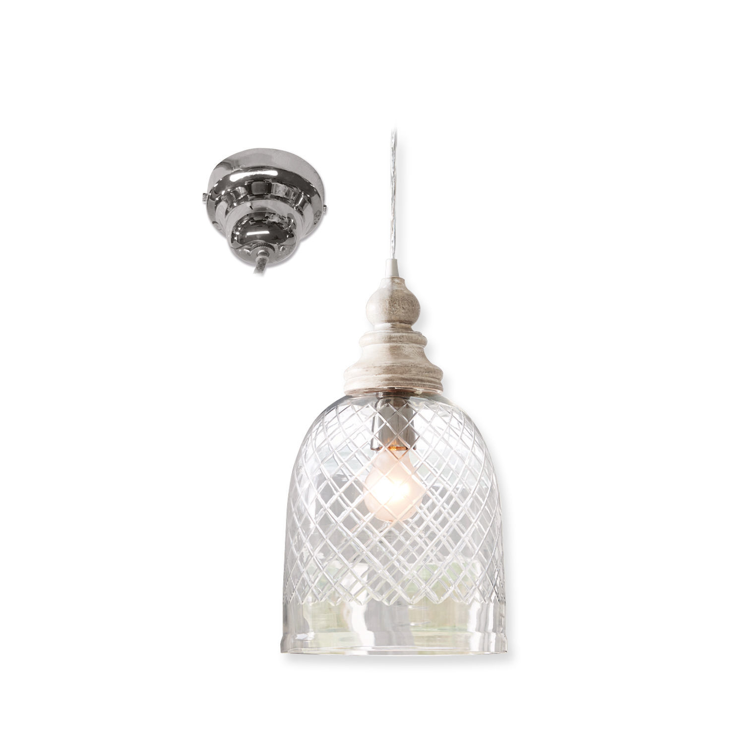 Lámpara colgante Junia Lámpara colgante de vidrio transparente con patrón de rejilla y detalle de madera blanca, iluminación decorativa
