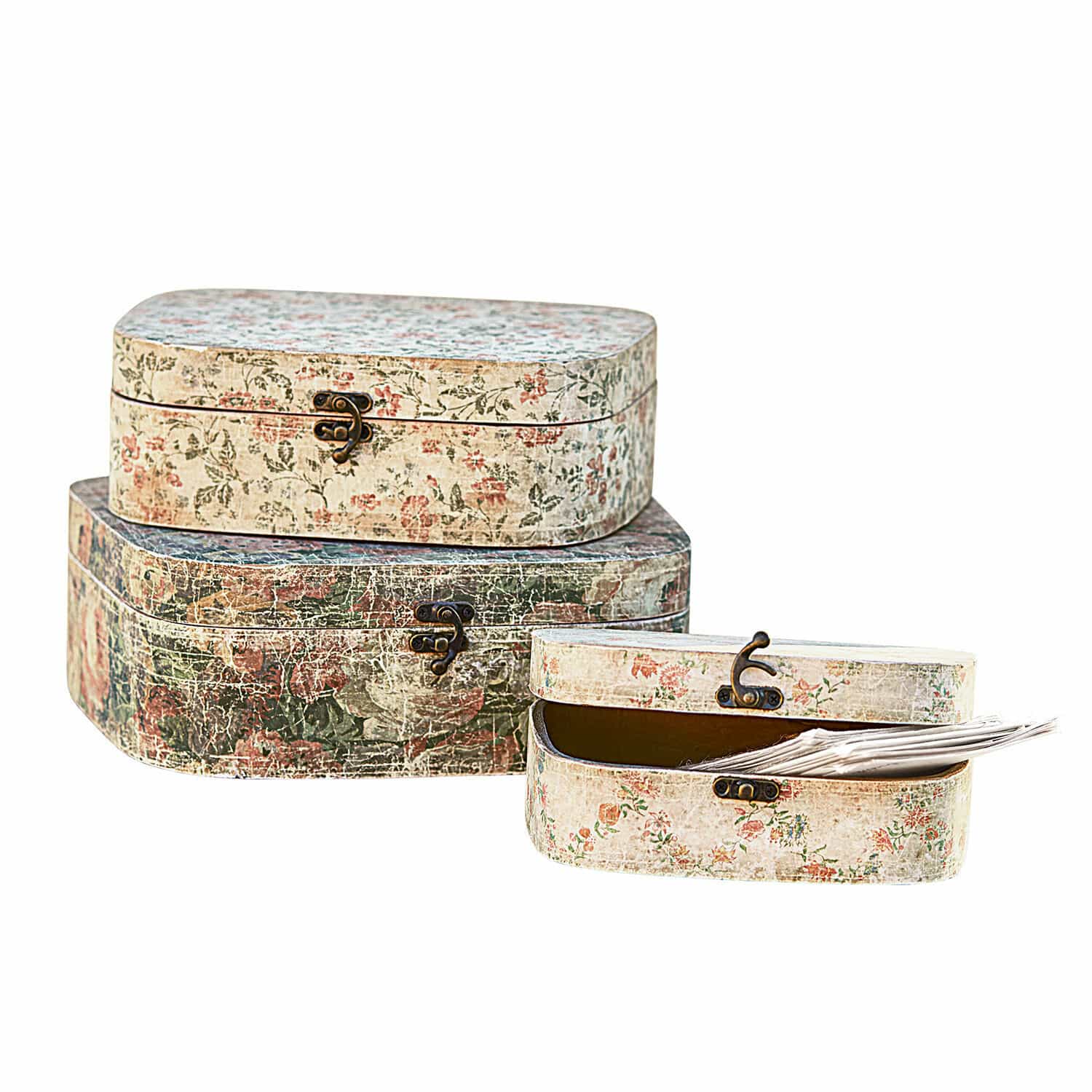 Set de 3 cajas Emmylou Conjunto de tres cajas decorativas con cierres metálicos y diseño floral vintage en tonos pastel