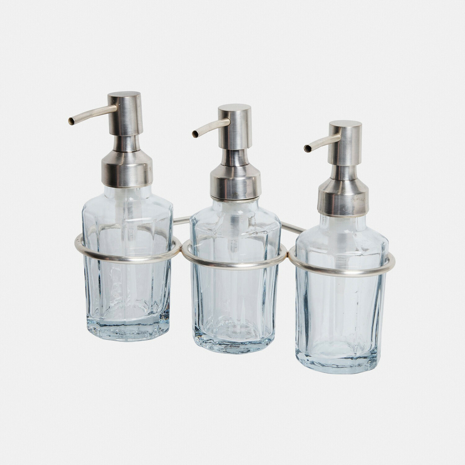 Dispensador de jabón Virellane Conjunto de tres dispensadores de vidrio transparente con bomba metálica y soporte de pared